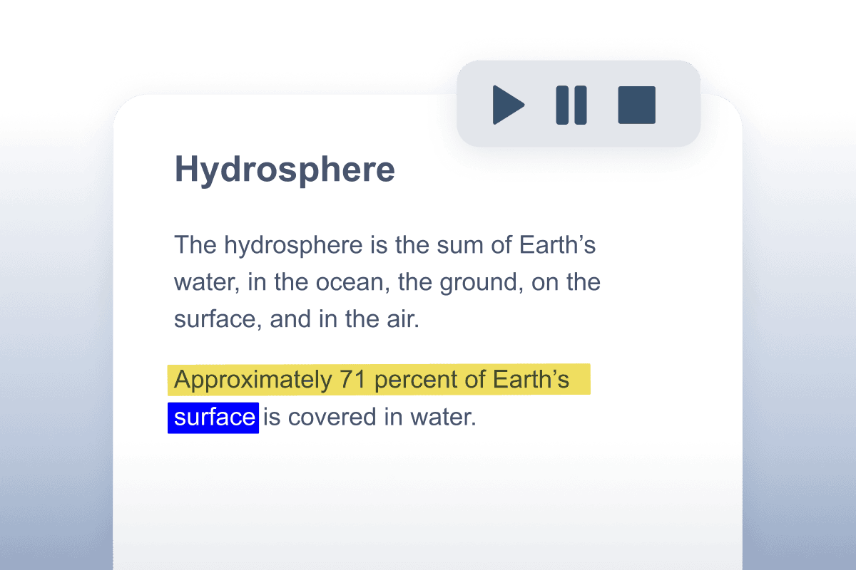 OrbitNote text to speech feature reading an excerpt about the Hydrosphere.