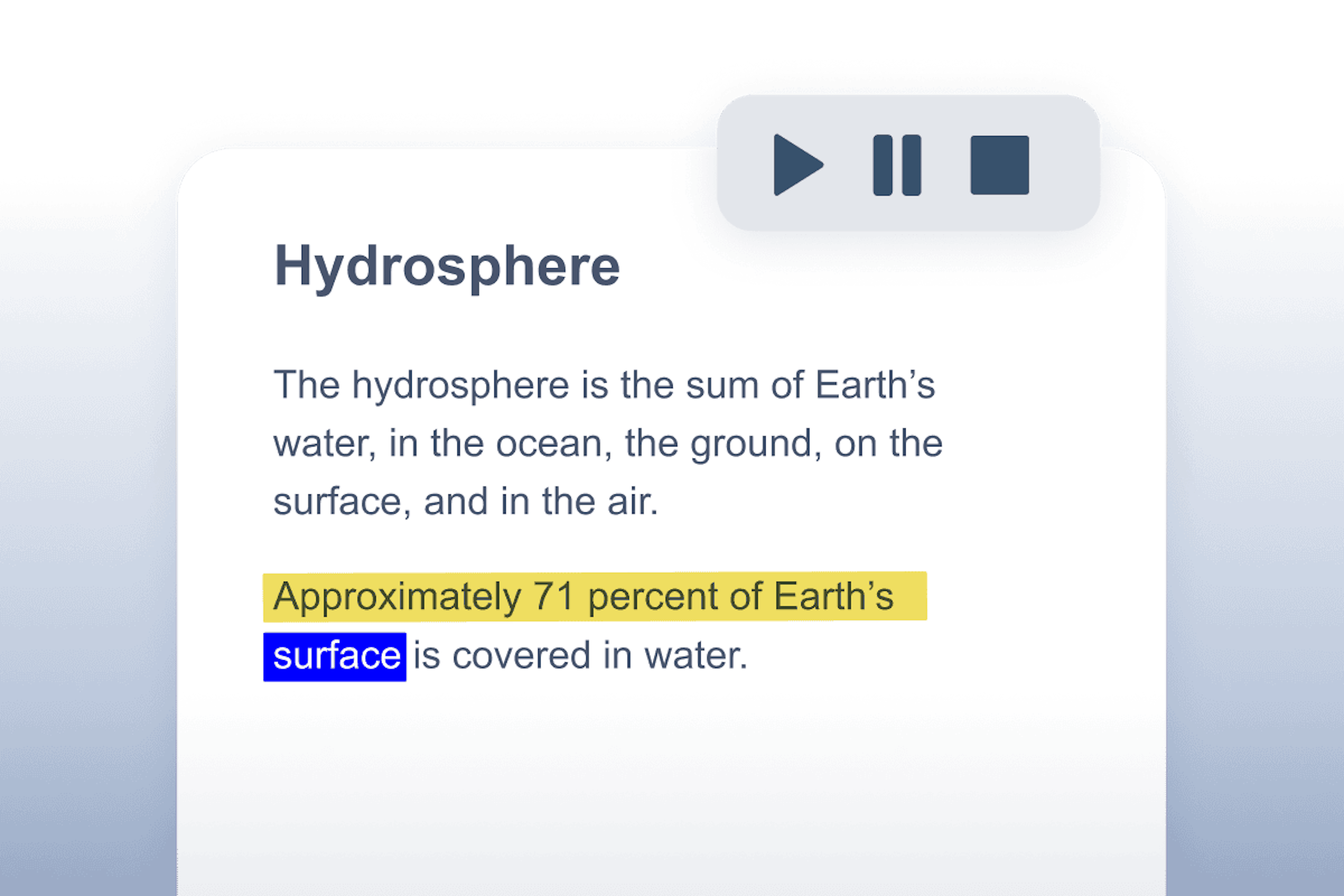 OrbitNote text to speech feature reading an excerpt about the Hydrosphere. 