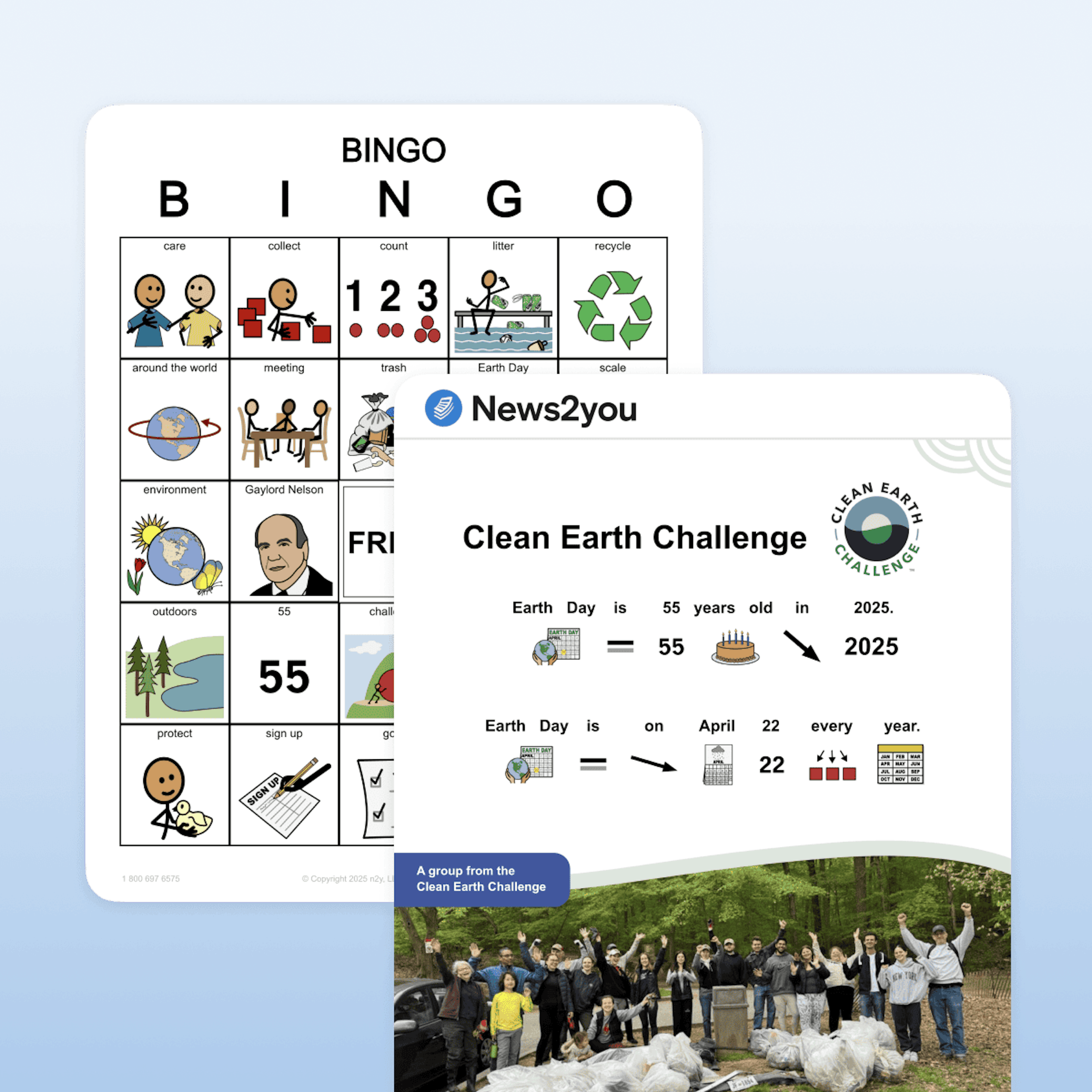News2you article about the Clean Earth Challenge with a bingo board using vocabulary from the article. 