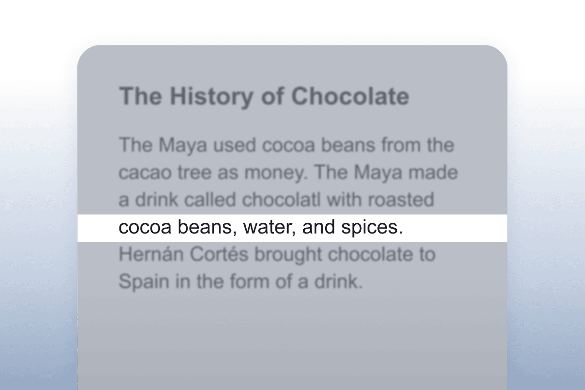 OrbitNote screen masking feature over an article about the history of chocolate