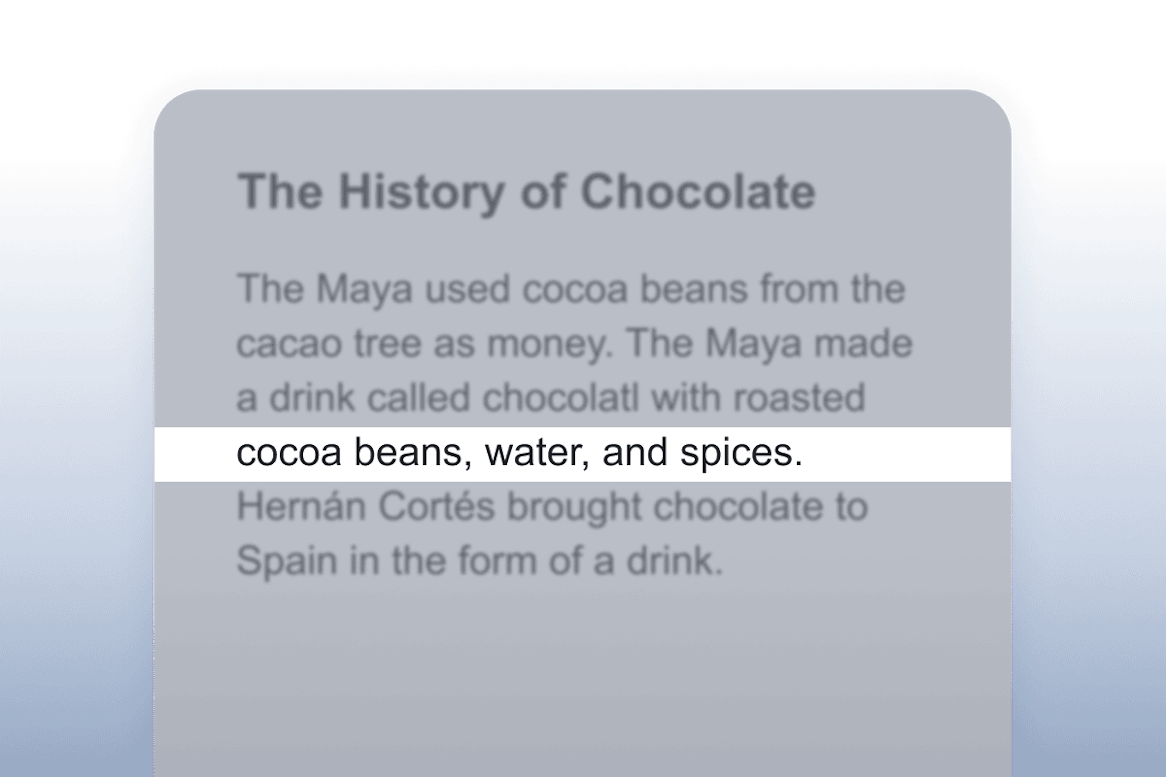 OrbitNote screen masking feature over an article about the history of chocolate