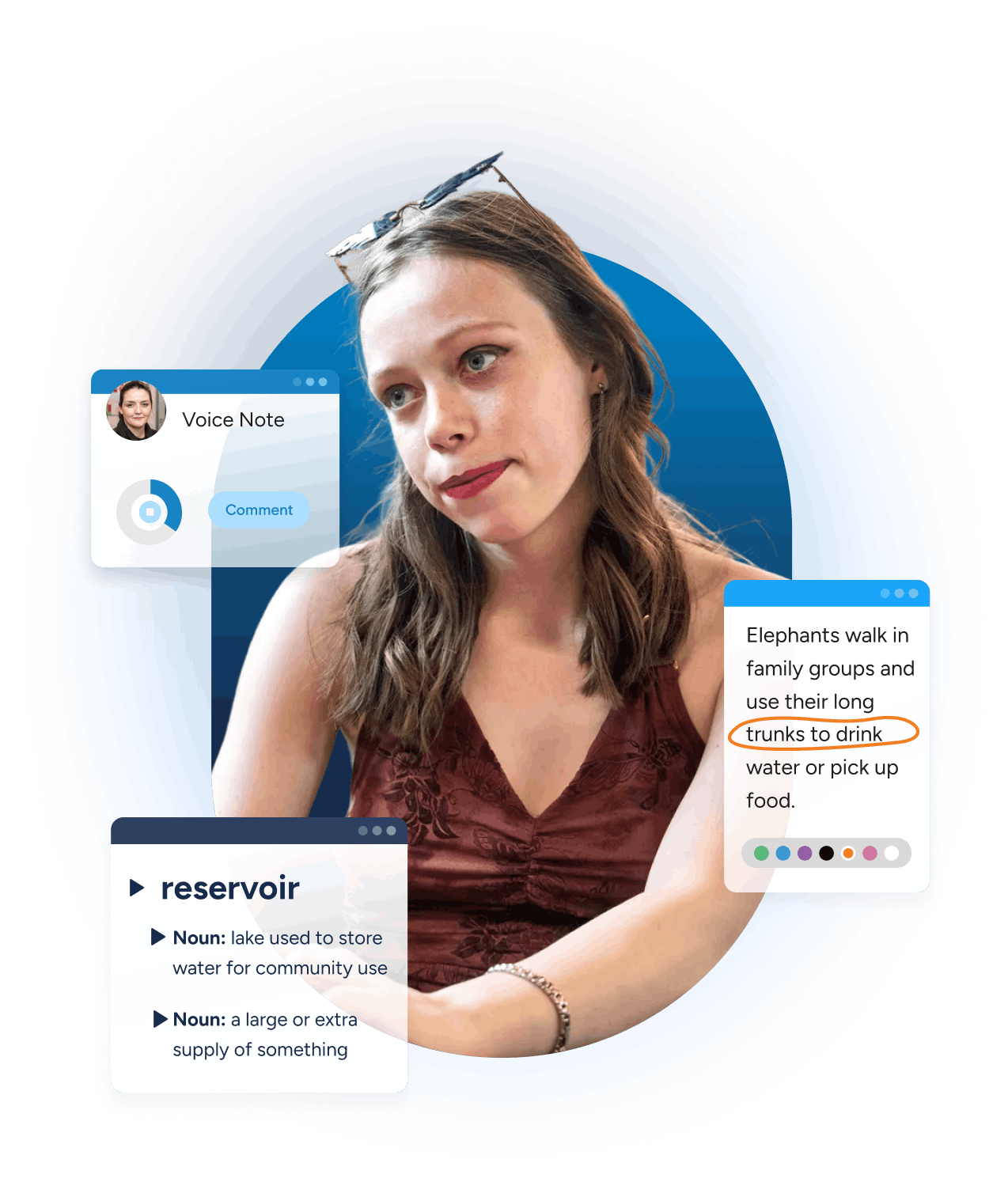 Student looking thoughtful with overlaid UI-style boxes showing OrbitNote's Voice Notes and Dictionary features