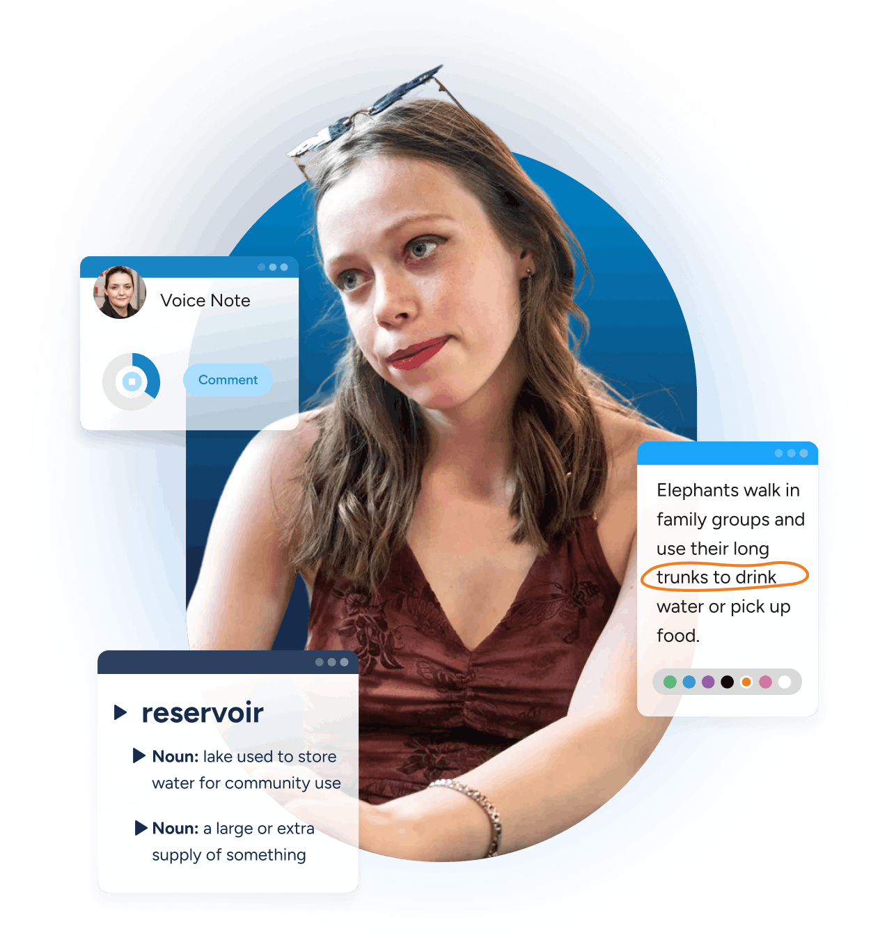 Student using Orbit Note - with product UI overlaid