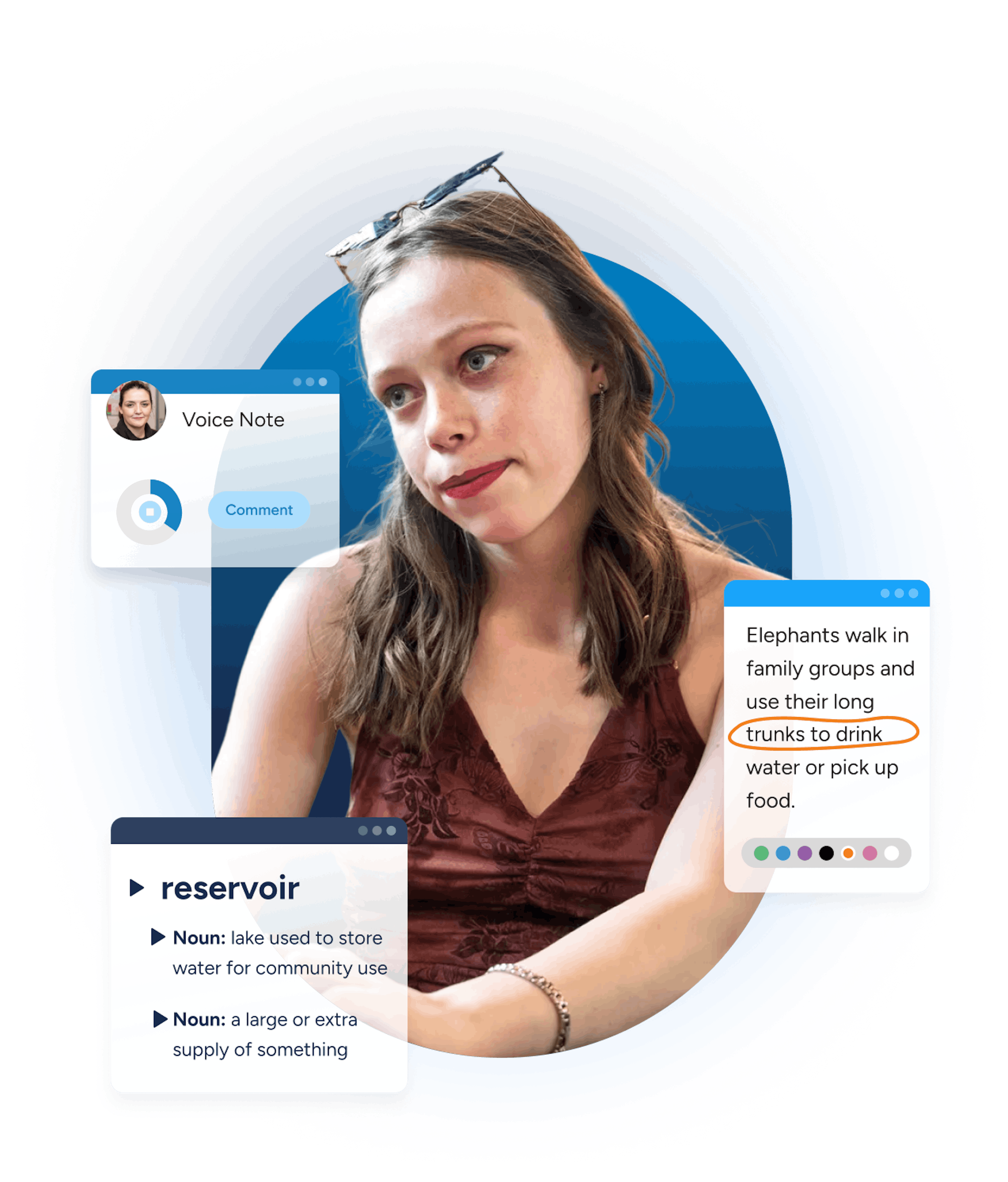 Student looking thoughtful with overlaid UI-style boxes showing OrbitNote's Voice Notes and Dictionary features