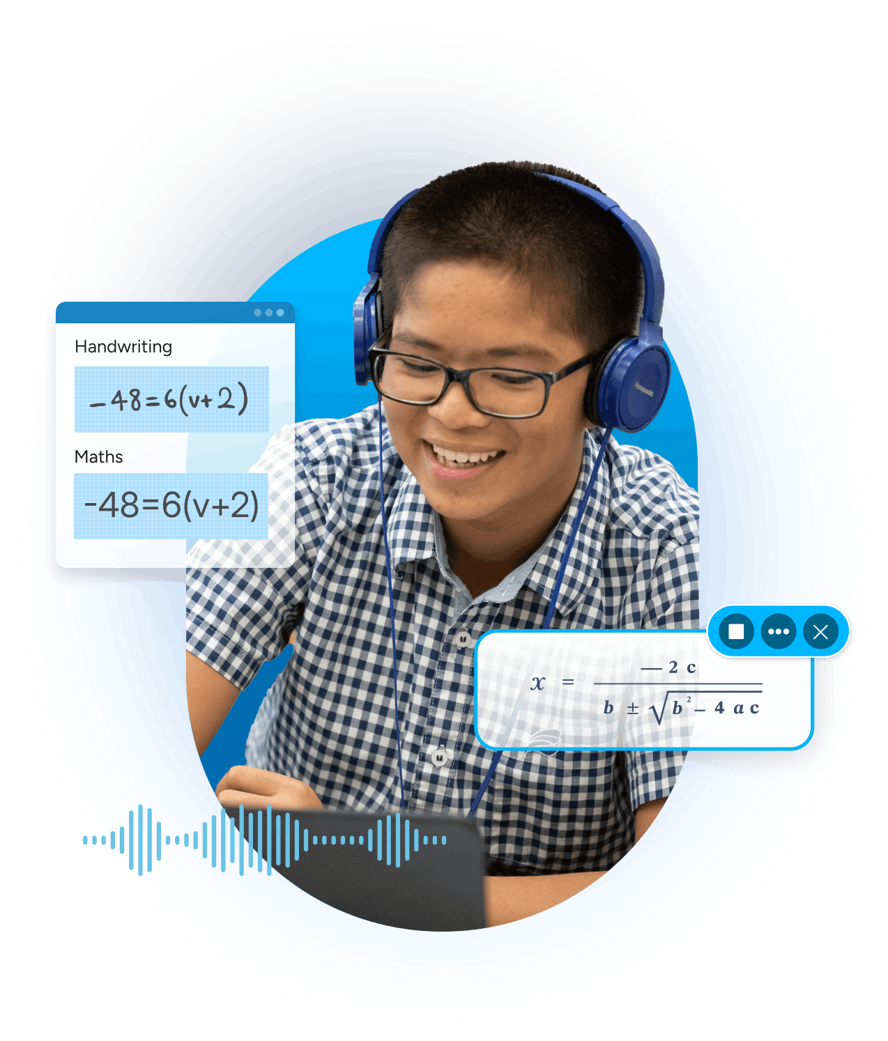 Student using Equatio - with product UI overlaid