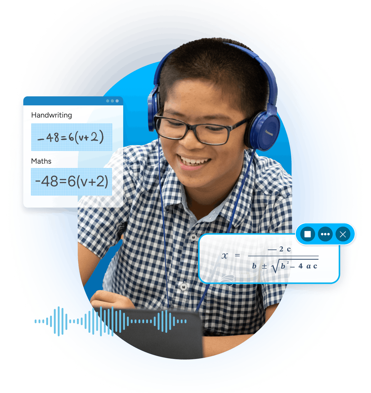 Student using Equatio - with product UI overlaid