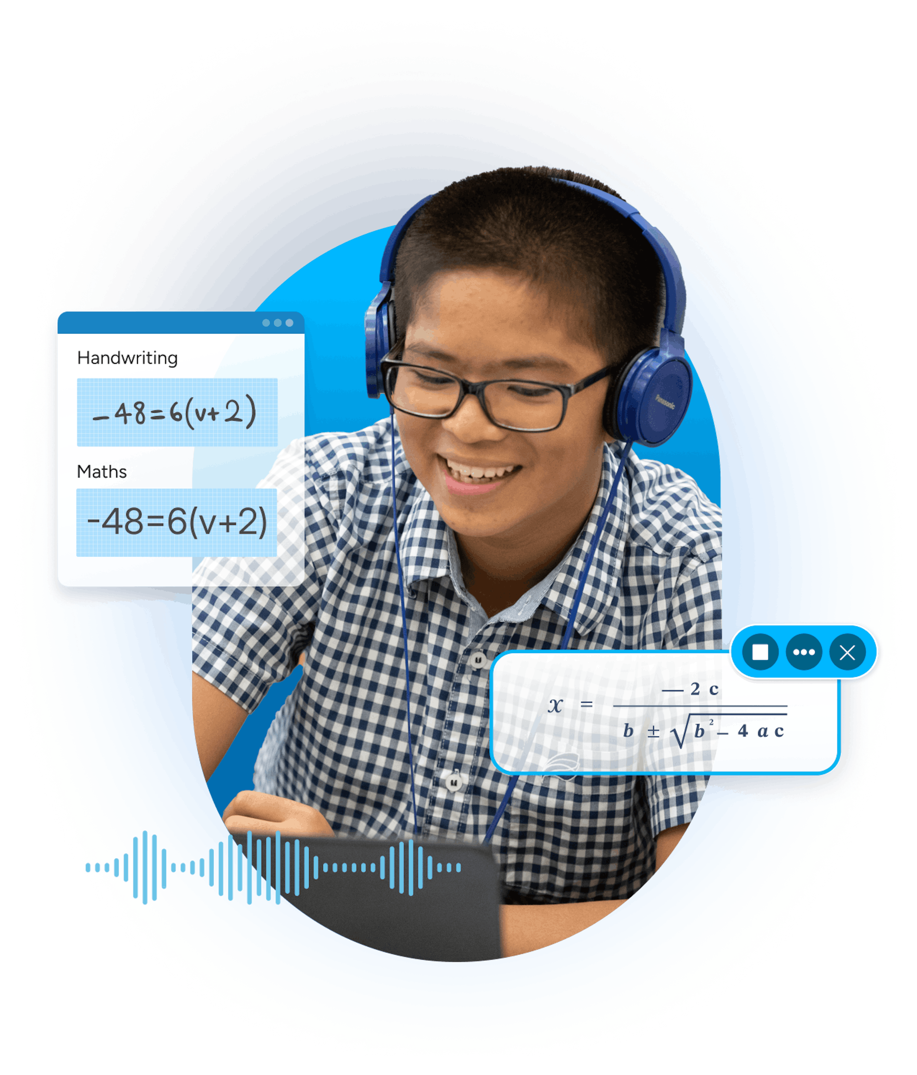 Student using Equatio - with product UI overlaid