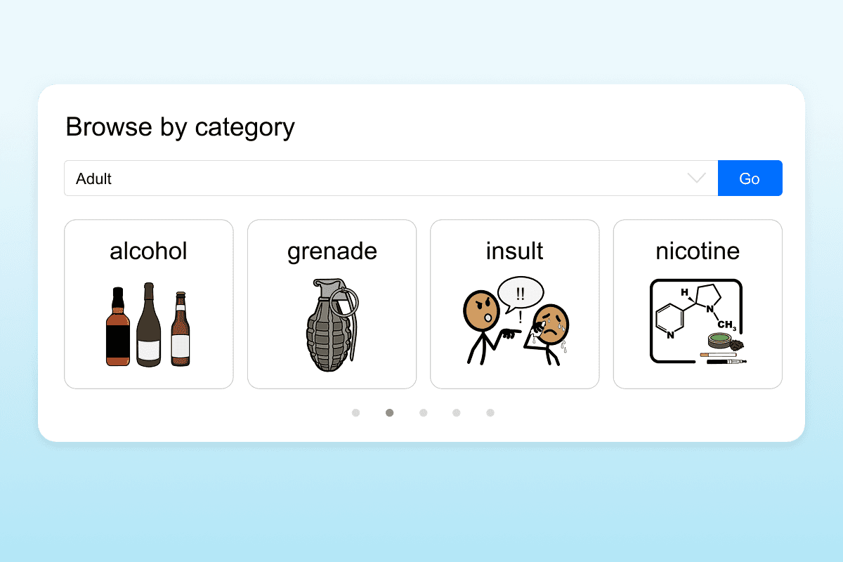 SymbolStix for adult topics, including alcohol, a grenade, insults, and nicotine
