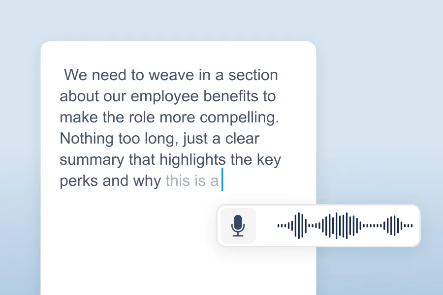 OrbitNote capturing notes about adding a section on employee benefits to improve clarity, showing the Voice Notes feature in action.
