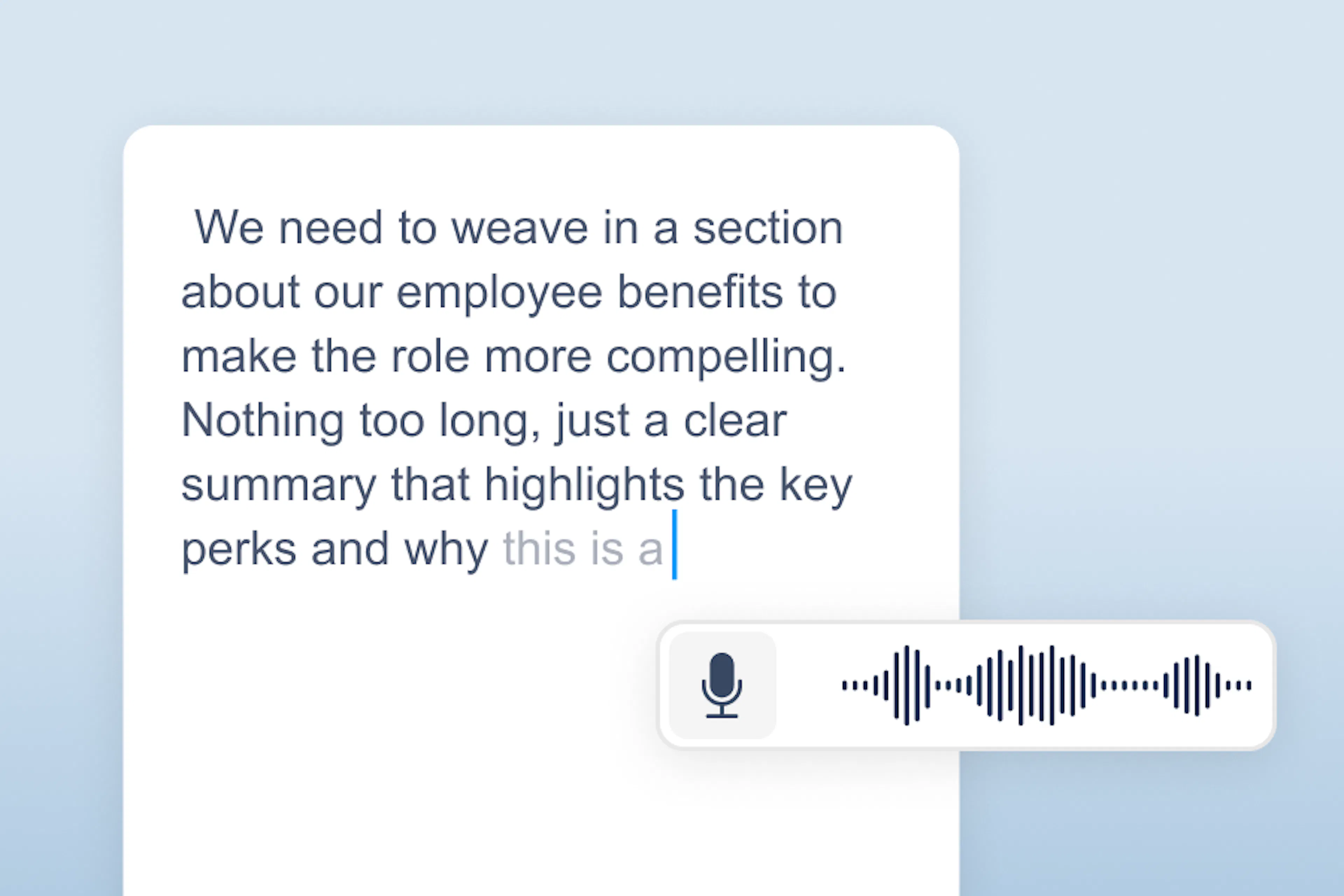 OrbitNote capturing notes about adding a section on employee benefits to improve clarity, showing the Voice Notes feature in action.