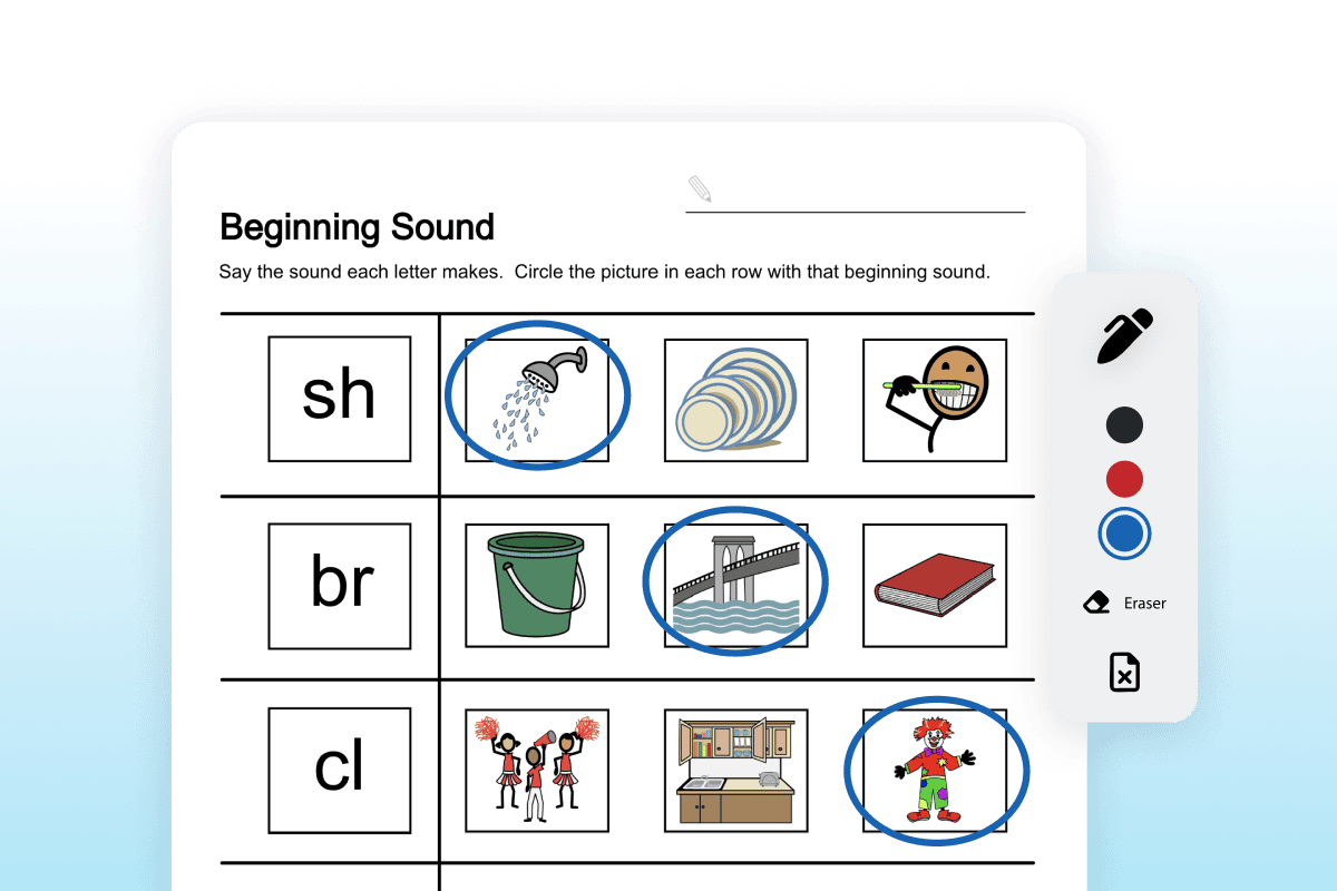 Worksheet showing circled pictures matching beginning sounds with drawing tools visible on the side.