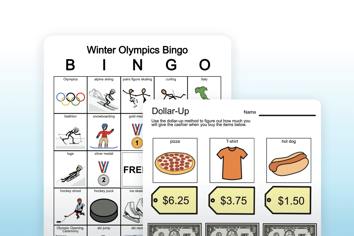 A Winter Olympics bingo board and an activity teaching money skills