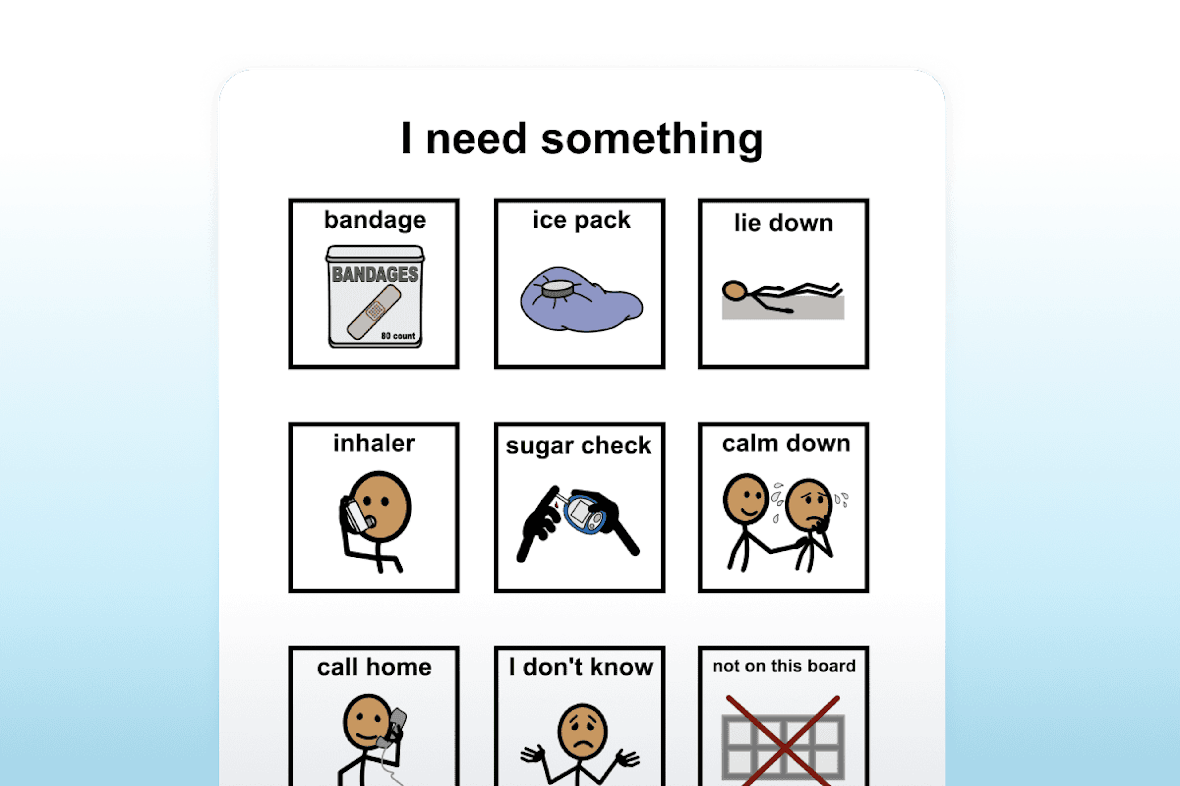 Communication board titled "I need something" with options such as bandage, ice pack, inhaler, and calm down