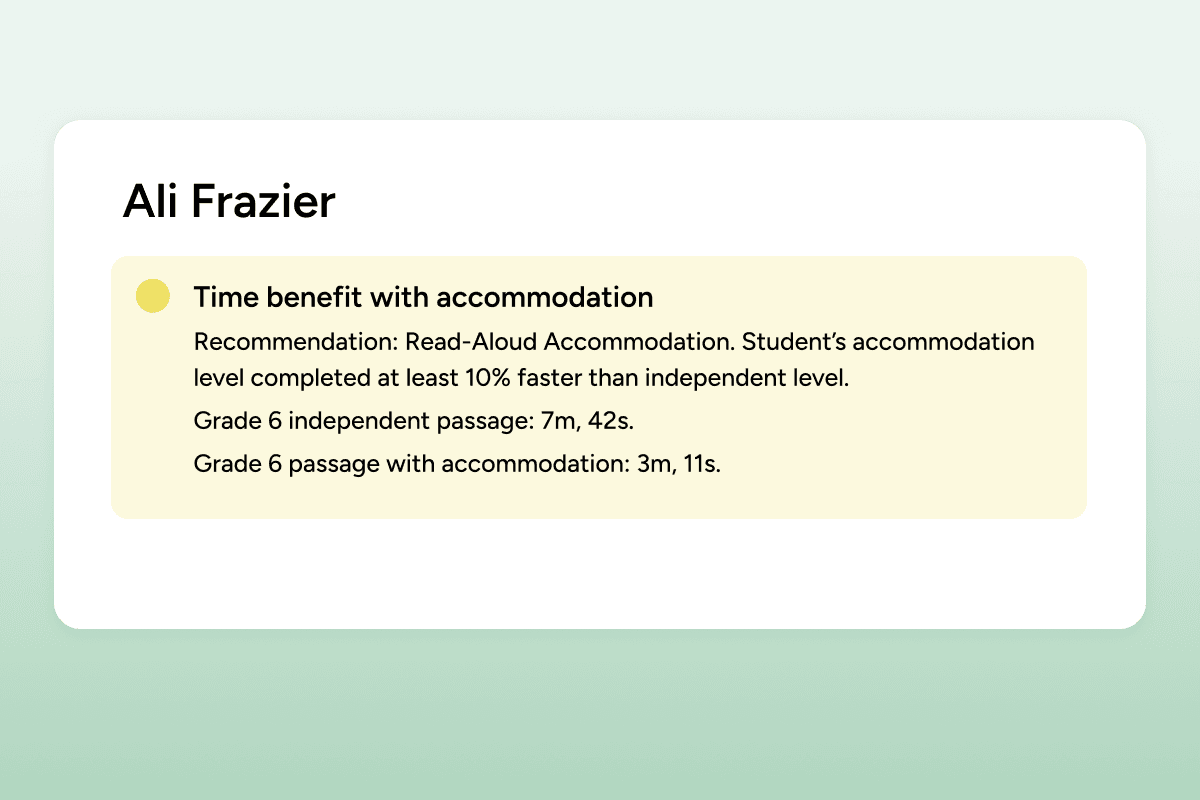 Student report showing recommended read-aloud accommodation and faster completion times with support compared to independent reading.