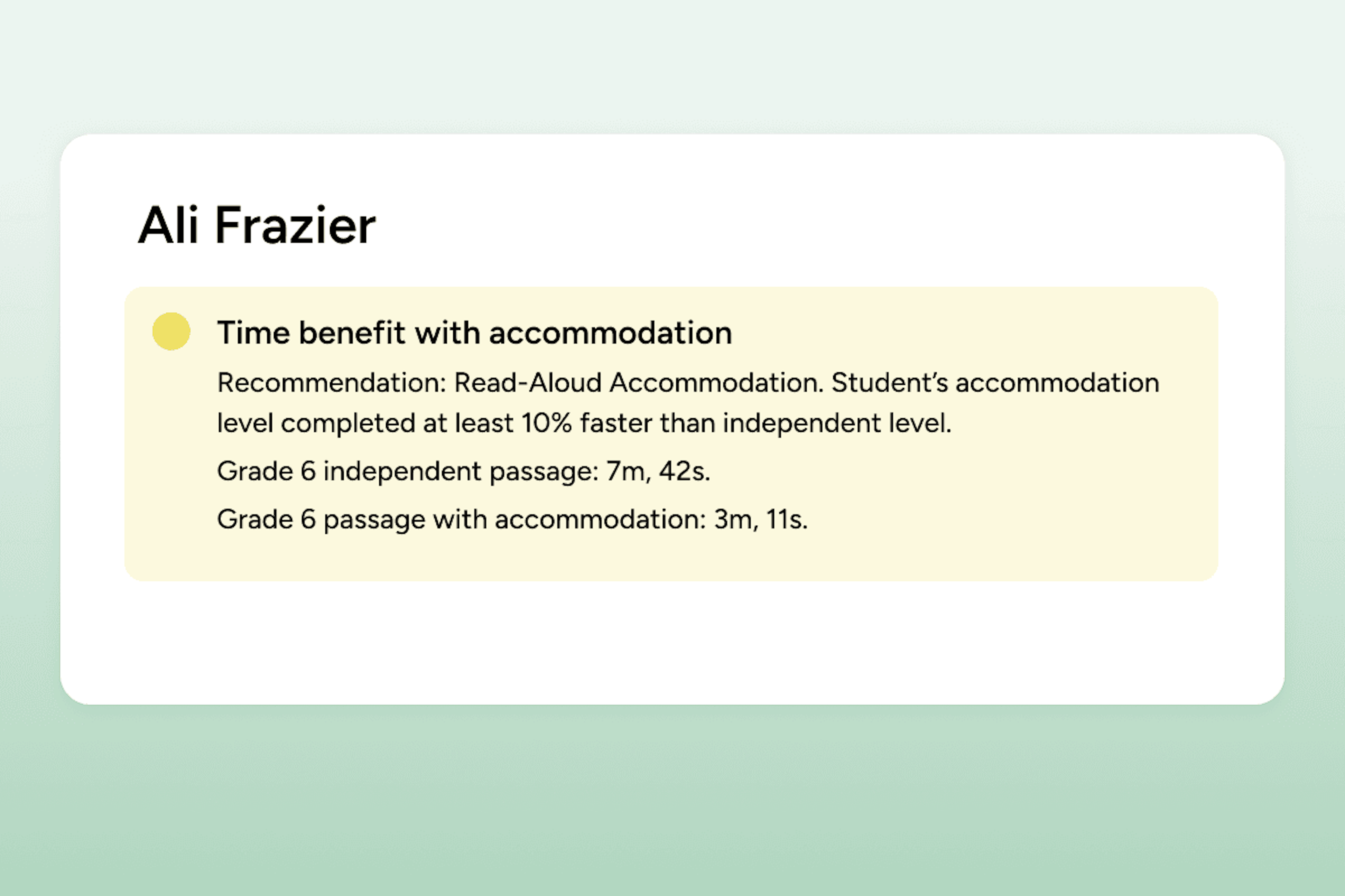 Student report showing recommended read-aloud accommodation and faster completion times with support compared to independent reading.