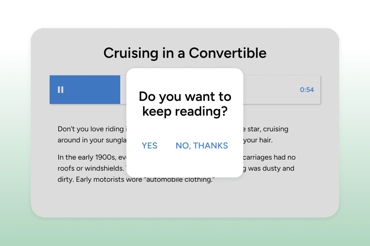 Reading screen showing a pause bar and a pop-up asking ‘Do you want to keep reading?’ with Yes and No options.