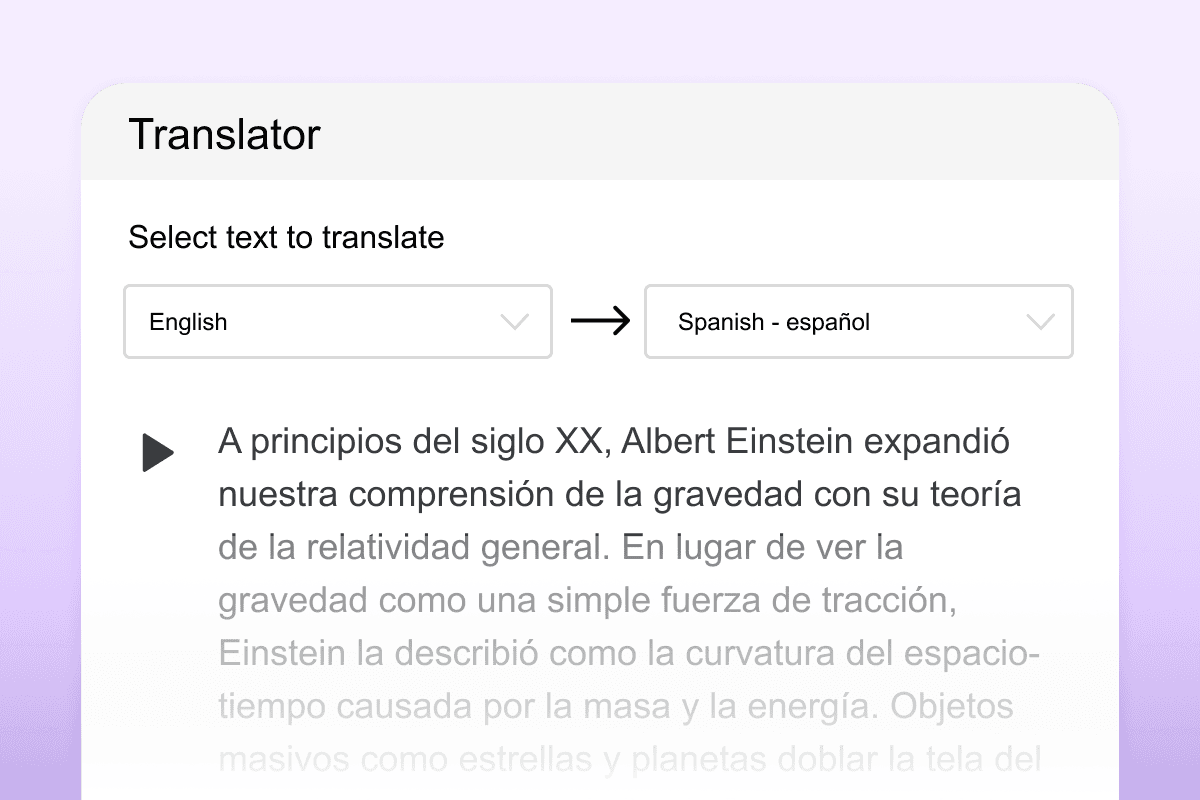 Translator screen showing English selected as the source language and Spanish as the target, with translated text displayed below.