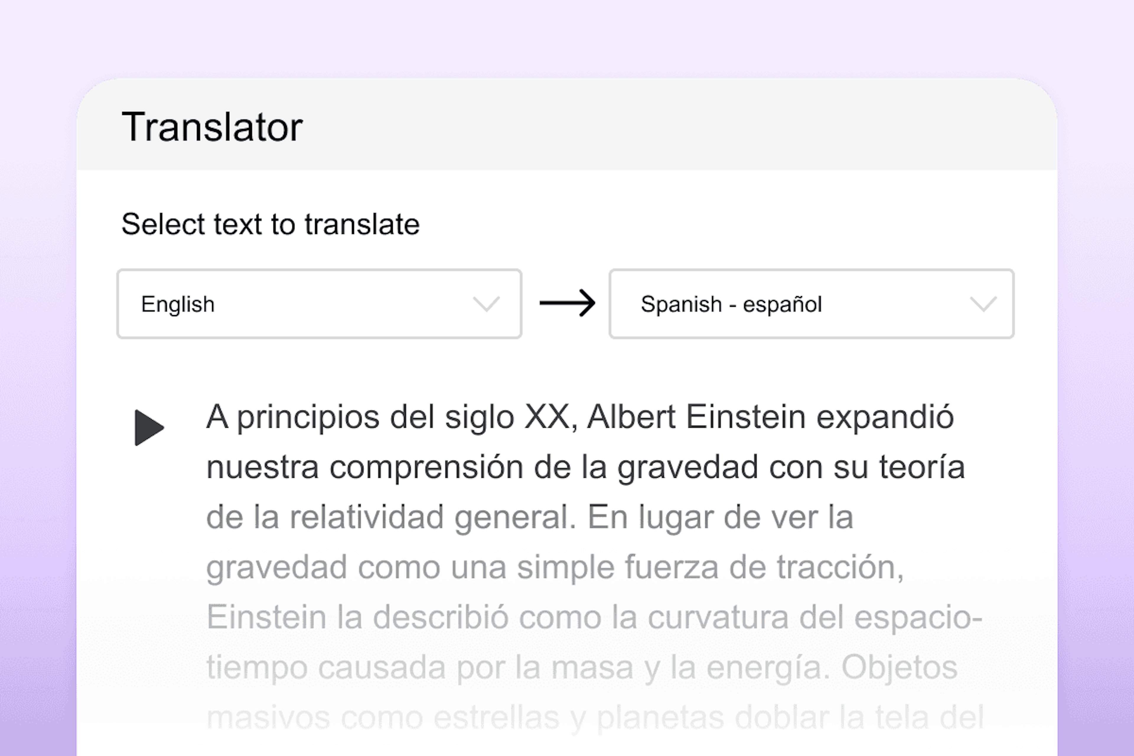 Translator screen showing English selected as the source language and Spanish as the target, with translated text displayed below.