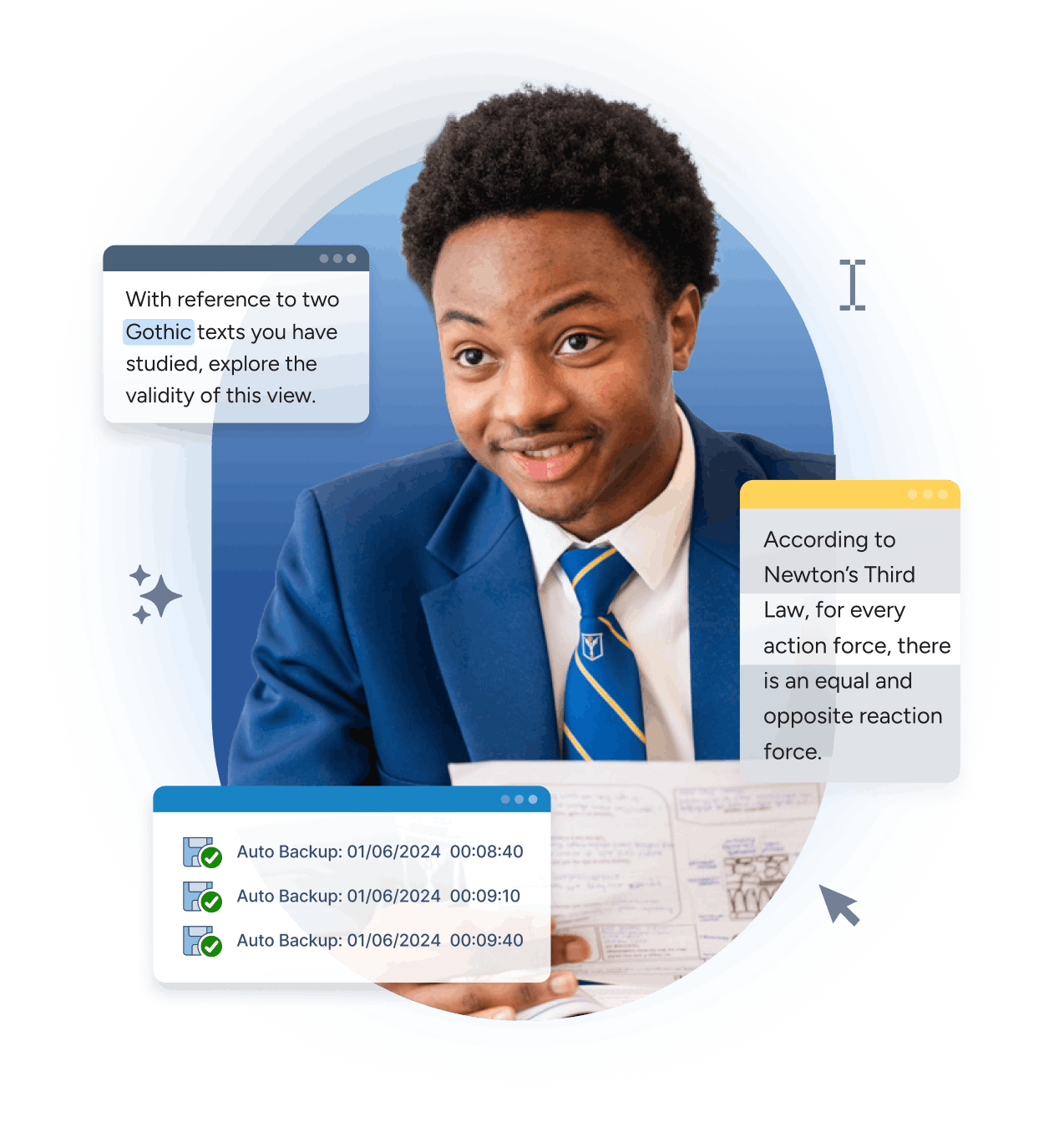 Student studying with UI mockups of ExamWritePad features including auto backup, screen tint and text-to-speech.
