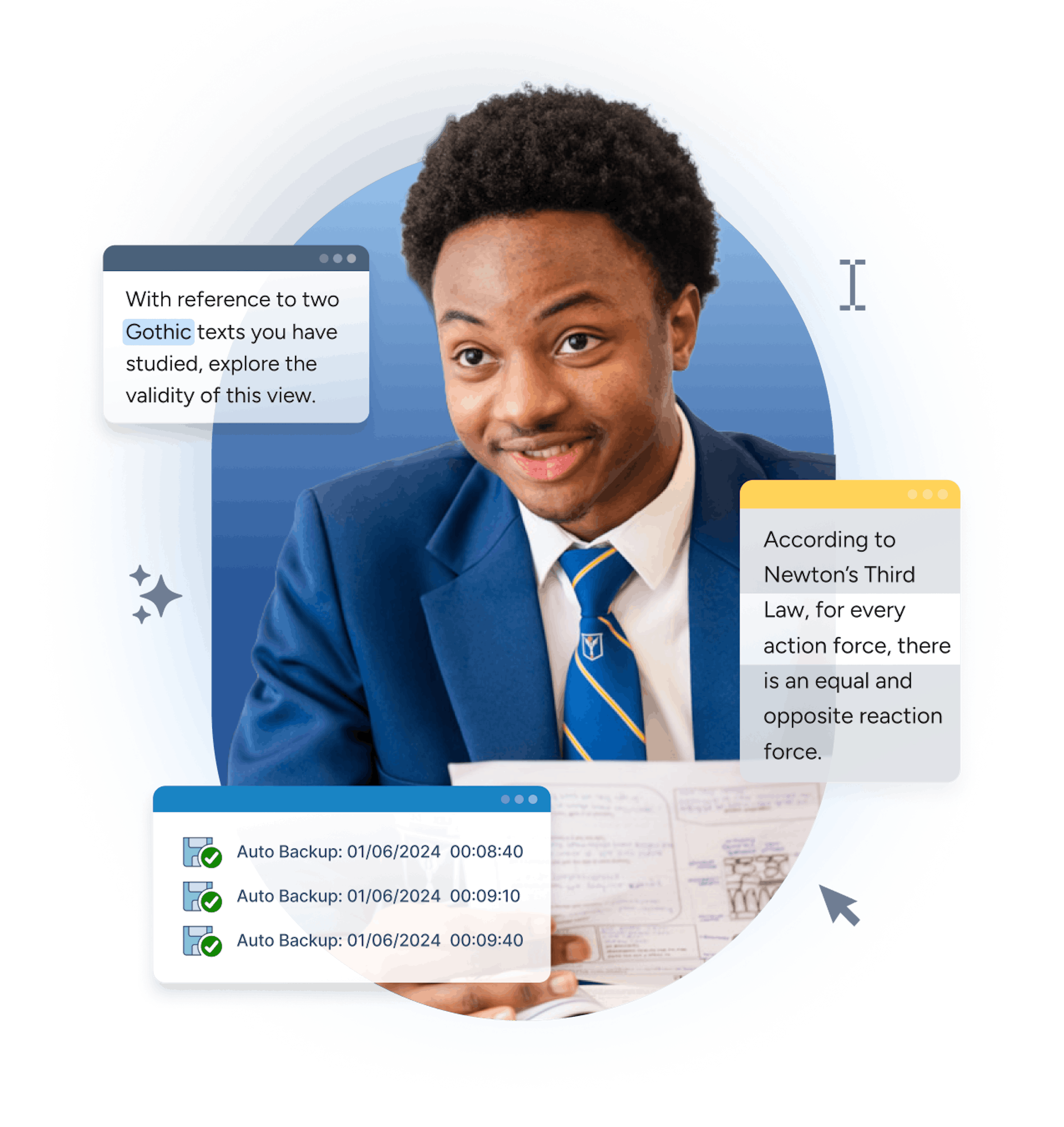 Student studying with UI mockups of ExamWritePad features including auto backup, screen tint and text-to-speech.