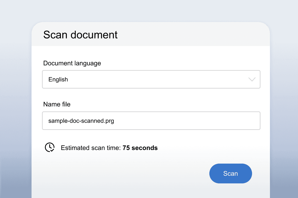 Scan-document screen showing fields for document language, file name, and an estimated scan time before a Scan button.