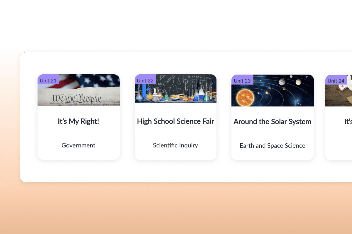 Unit cards for lessons on government, scientific inquiry, and the solar system displayed in a learning platform.
