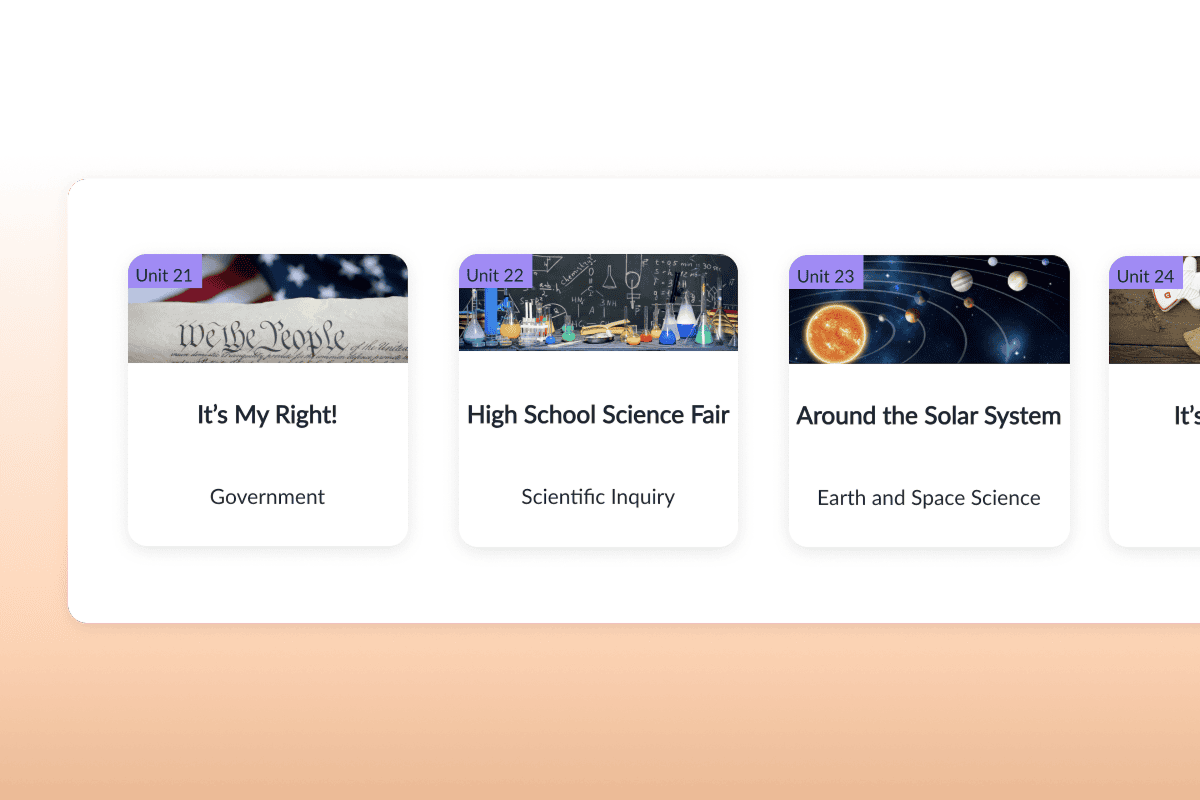 Unit cards for lessons on government, scientific inquiry, and the solar system displayed in a learning platform.