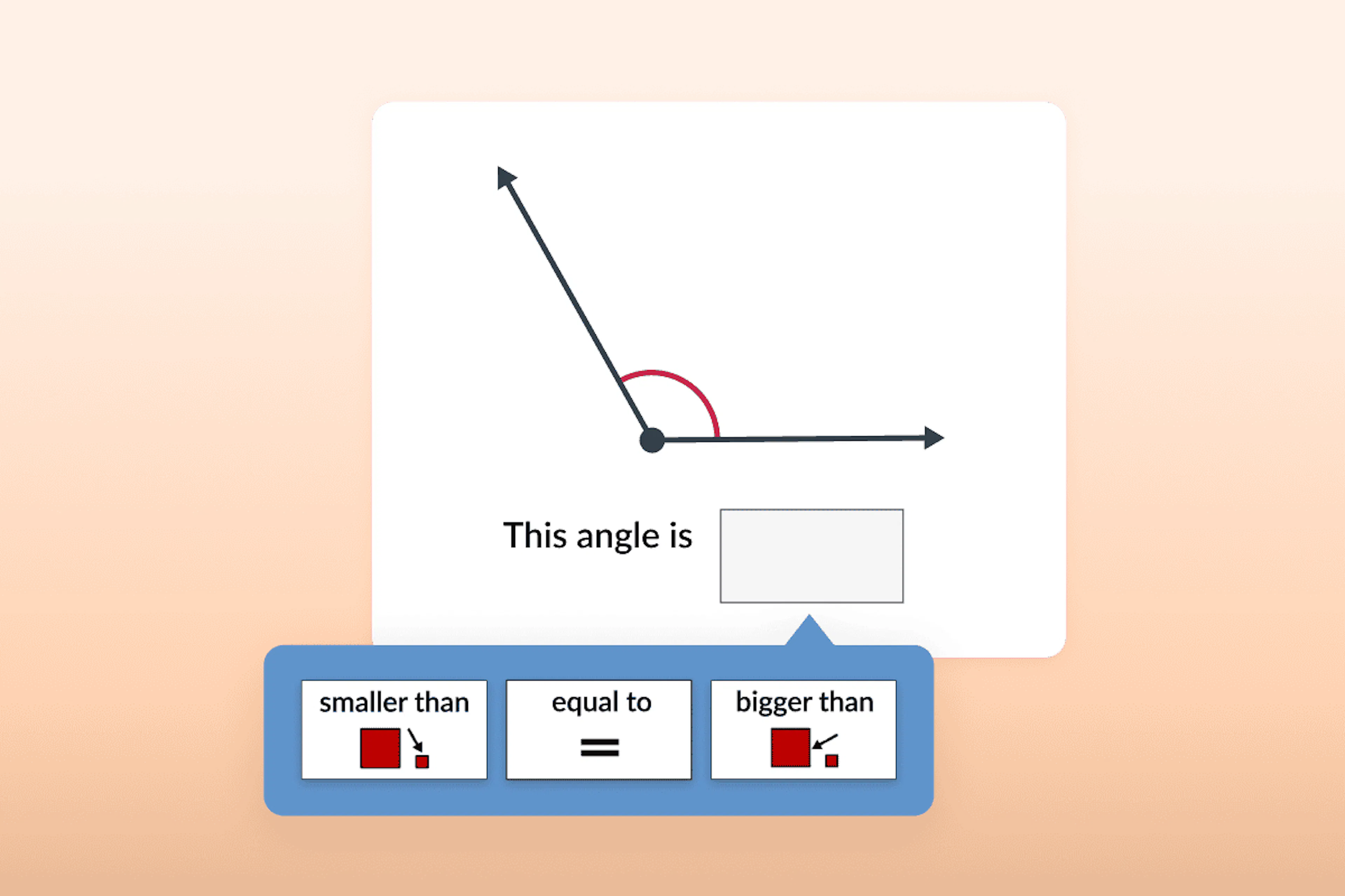 Angle comparison activity showing a marked angle and choices for whether it is smaller than, equal to, or bigger than a reference angle.