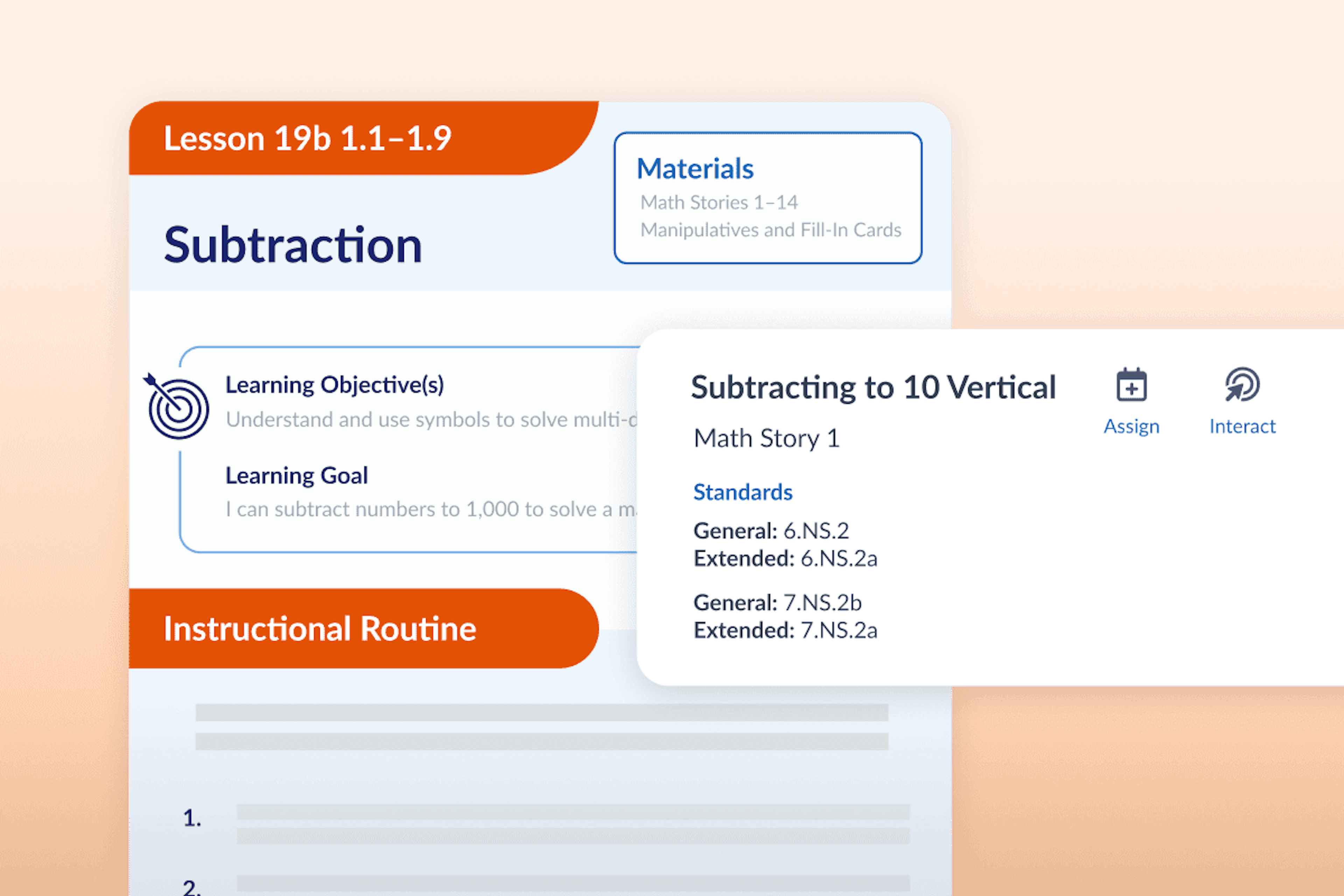 Lesson view showing subtraction objectives, required materials, and instructional steps, with a panel displaying standards for a related math story.