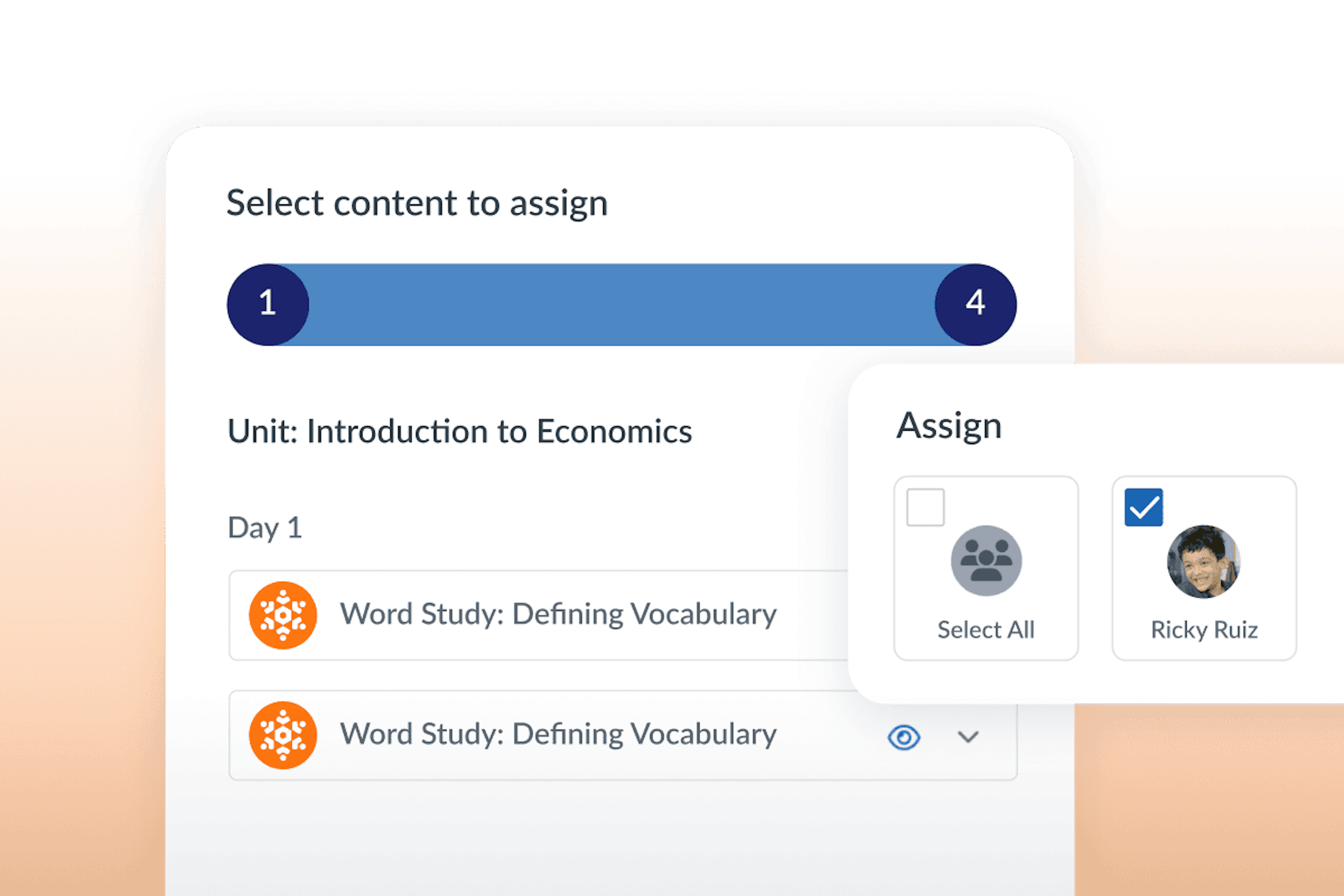 Content selection screen showing an economics unit with word-study tasks and an assign panel listing students, including one selected.