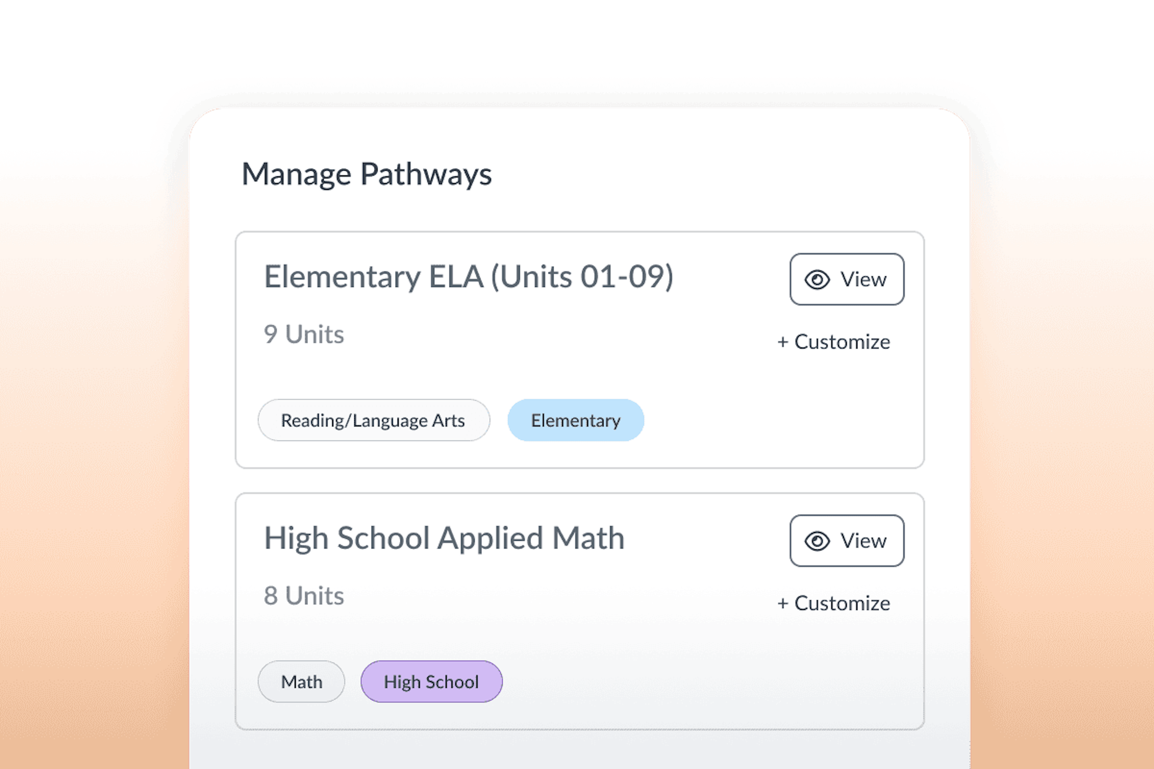 Management screen showing pathways for Elementary ELA and High School Applied Math, each with unit counts and options to view or customize.