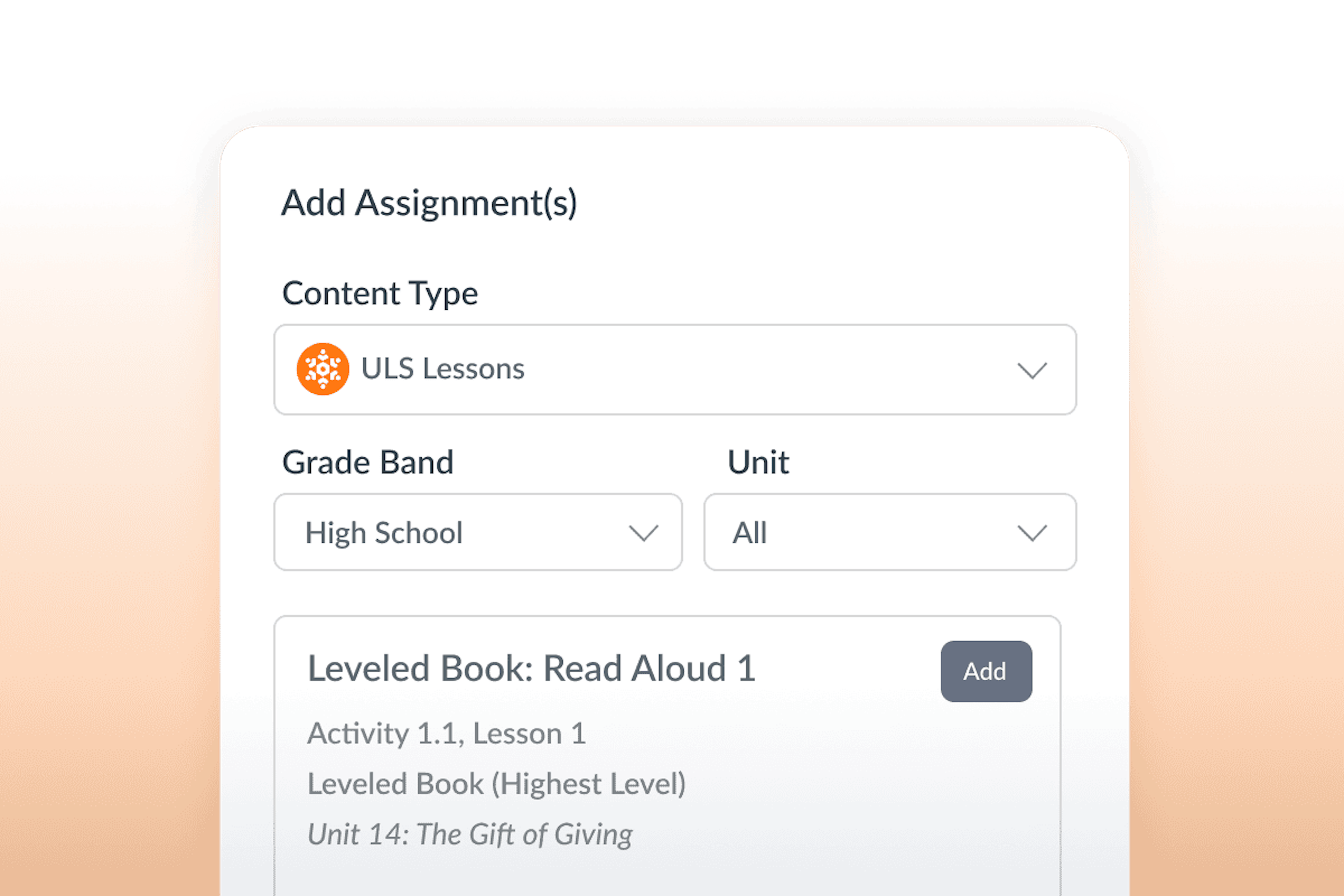 Assignment creation screen showing options to select content type, grade band, and unit, with a listed leveled book activity that can be added.