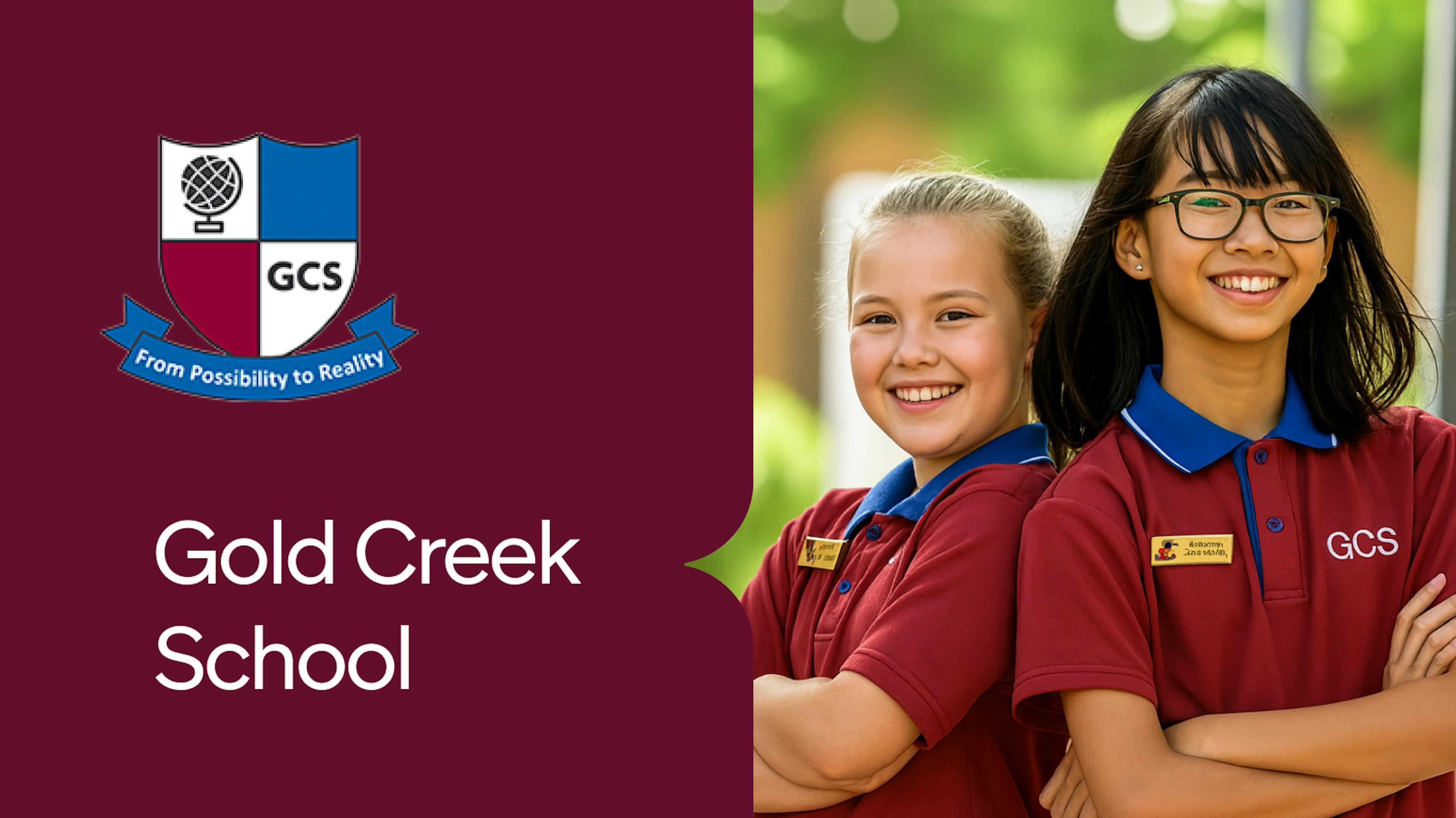 Gold Creek School, school logo, photo of two students in uniform