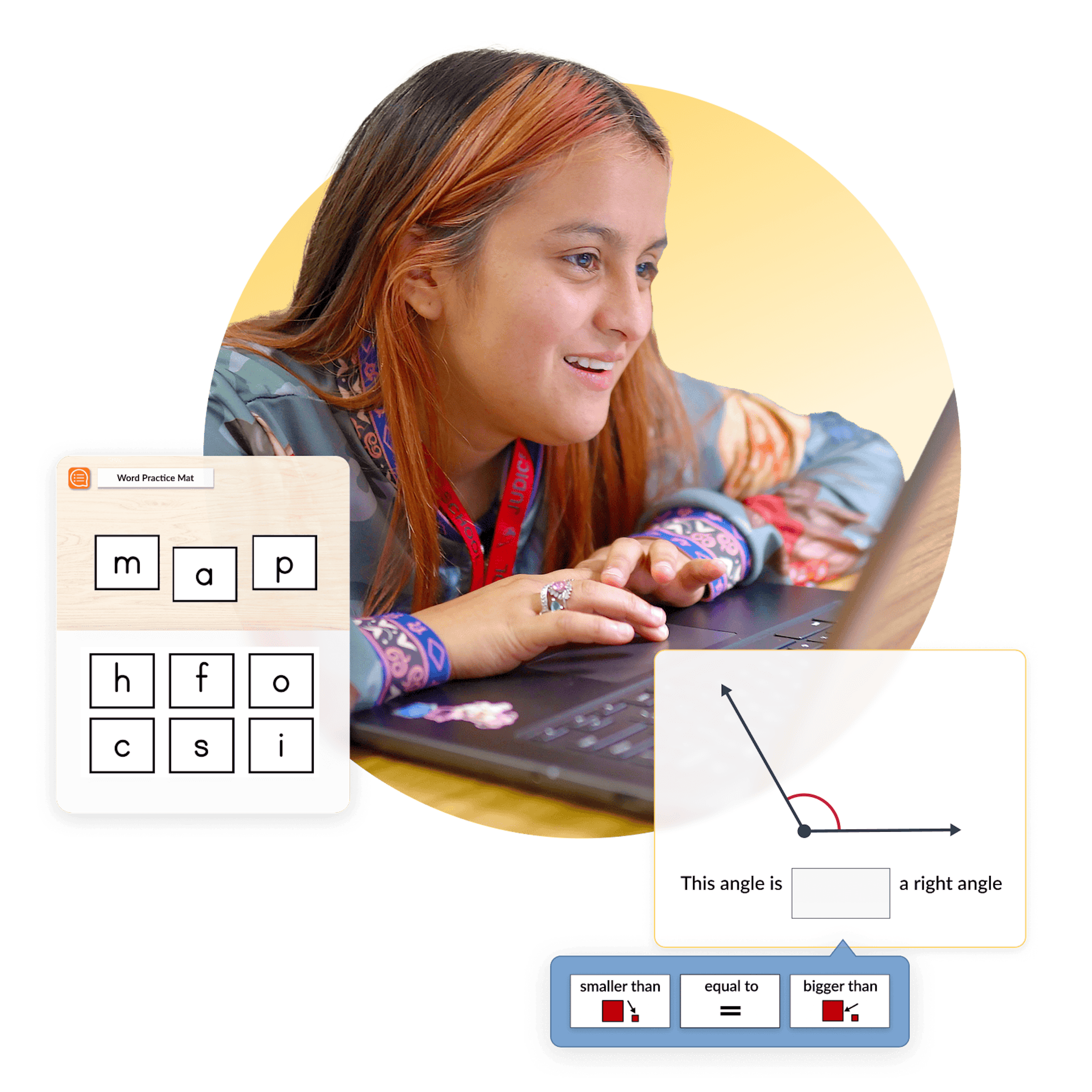 Child using a laptop with app icons and charts around them, representing online learning and digital skills development.