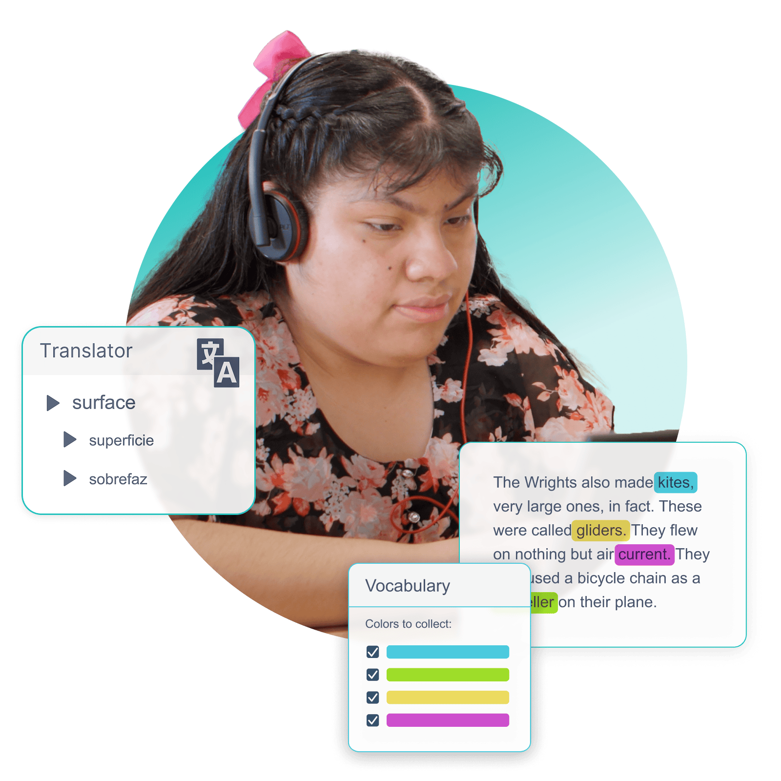 Student wearing headphones and using a laptop, with assignment, feedback, and progress panels visible, representing focused participation in online learning.