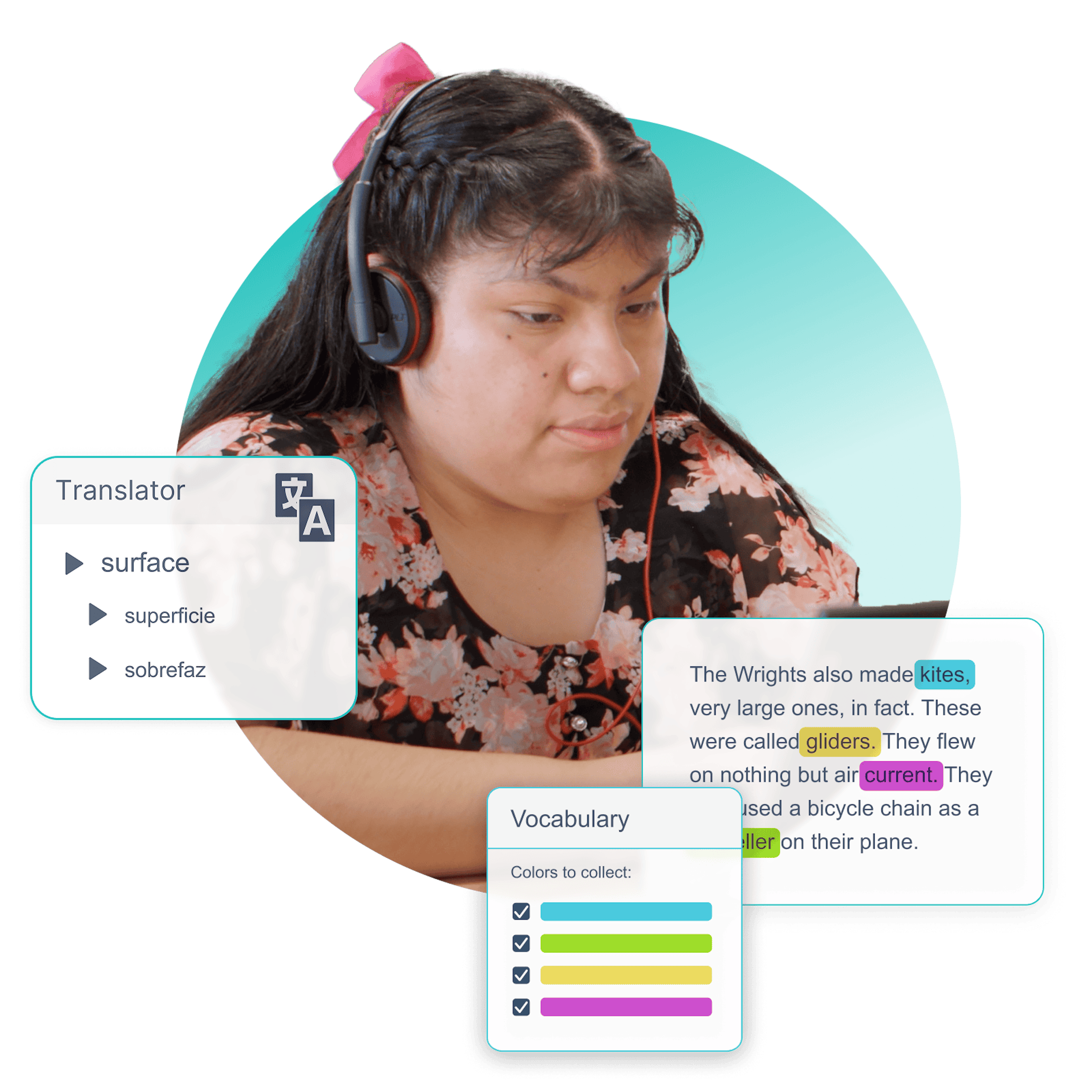 Student wearing headphones and using a laptop, with assignment, feedback, and progress panels visible, representing focused participation in online learning.