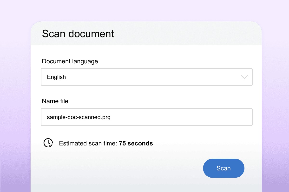 Scan-document screen showing fields for document language, file name, and an estimated scan time before a Scan button.