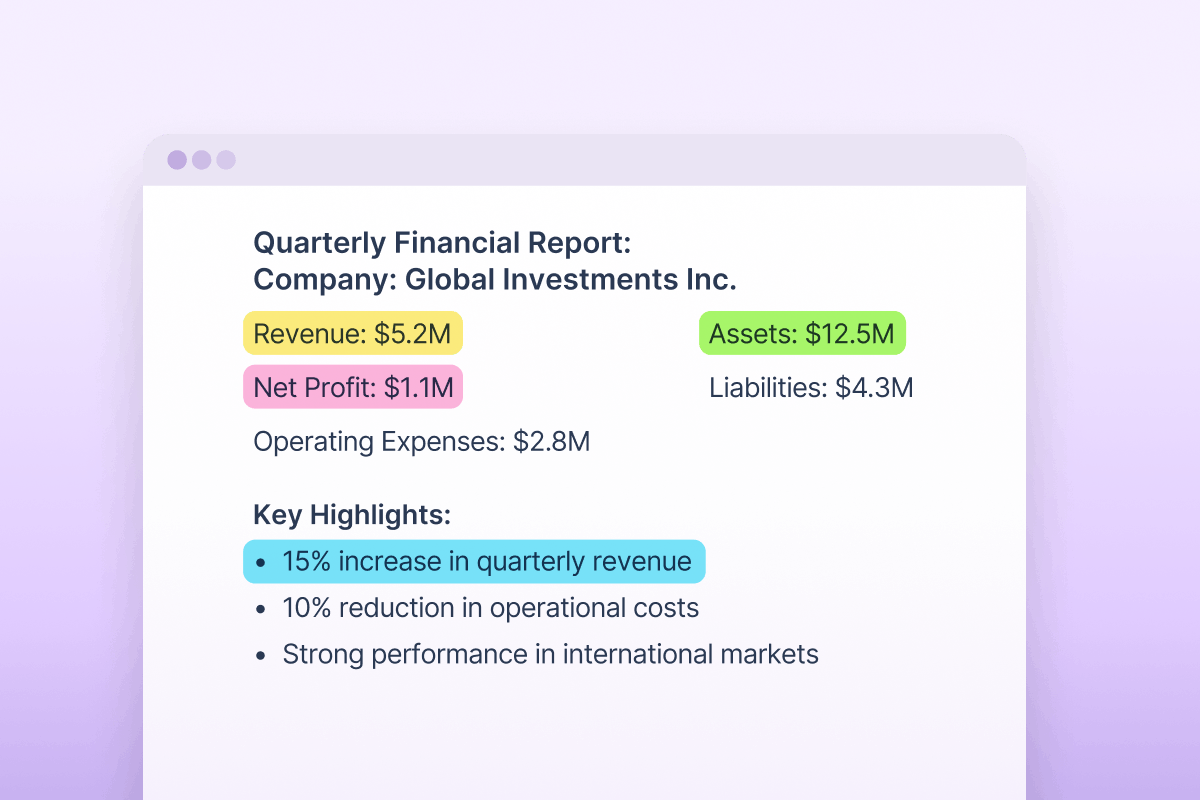 Quarterly financial report with different amounts highlighted