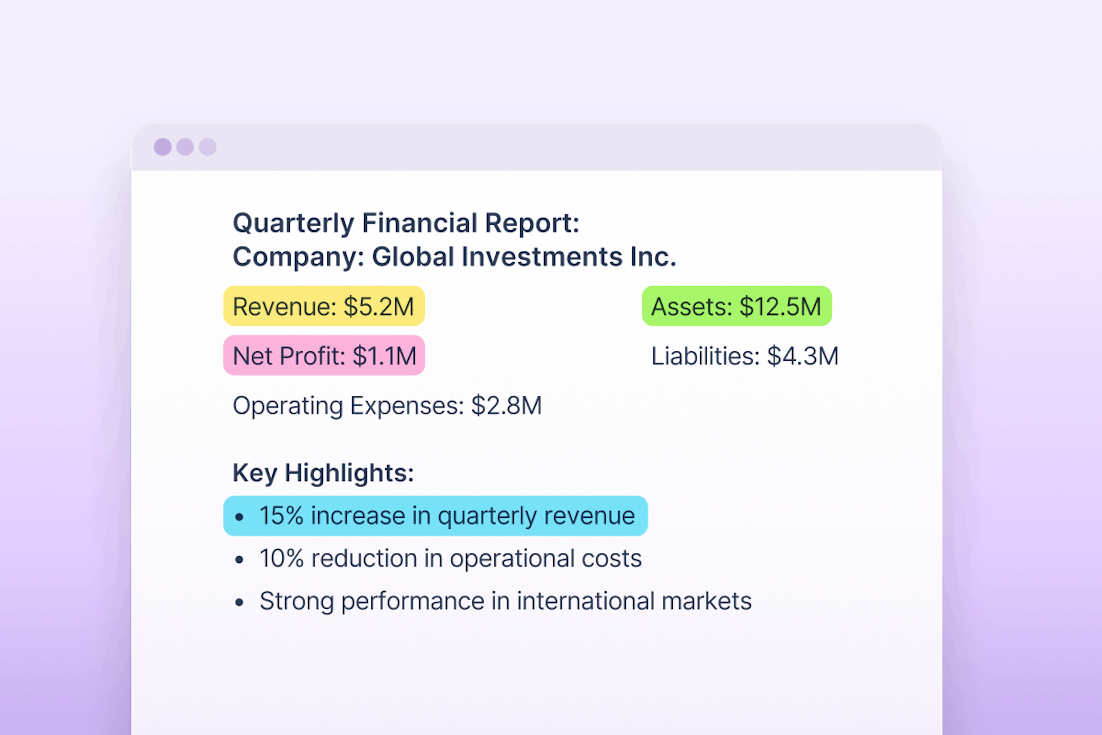 Quarterly financial report with different amounts highlighted