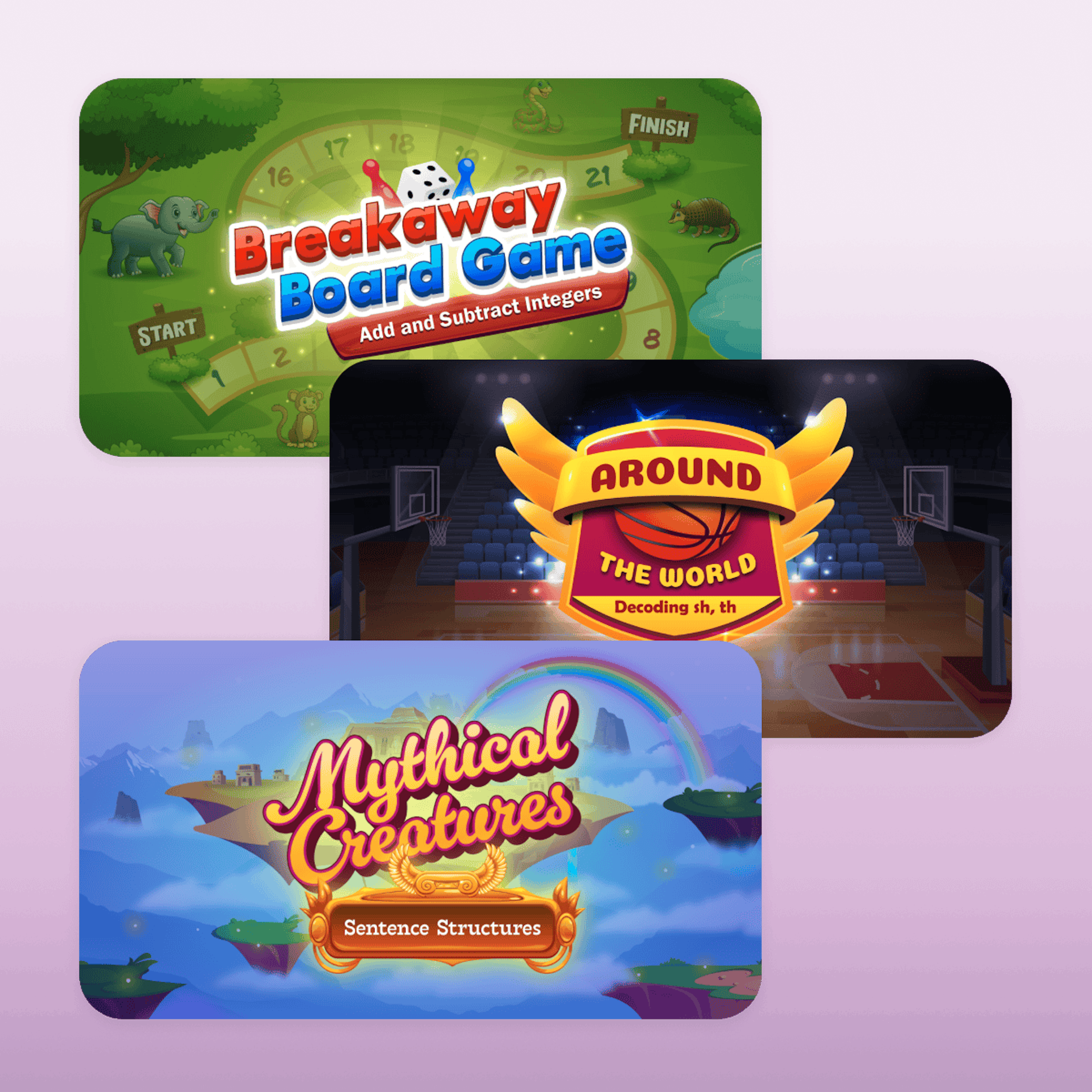 Three examples of L3 Skills games, including "Breakaway Board Game", "Around the World", and "Mythical Creatures"