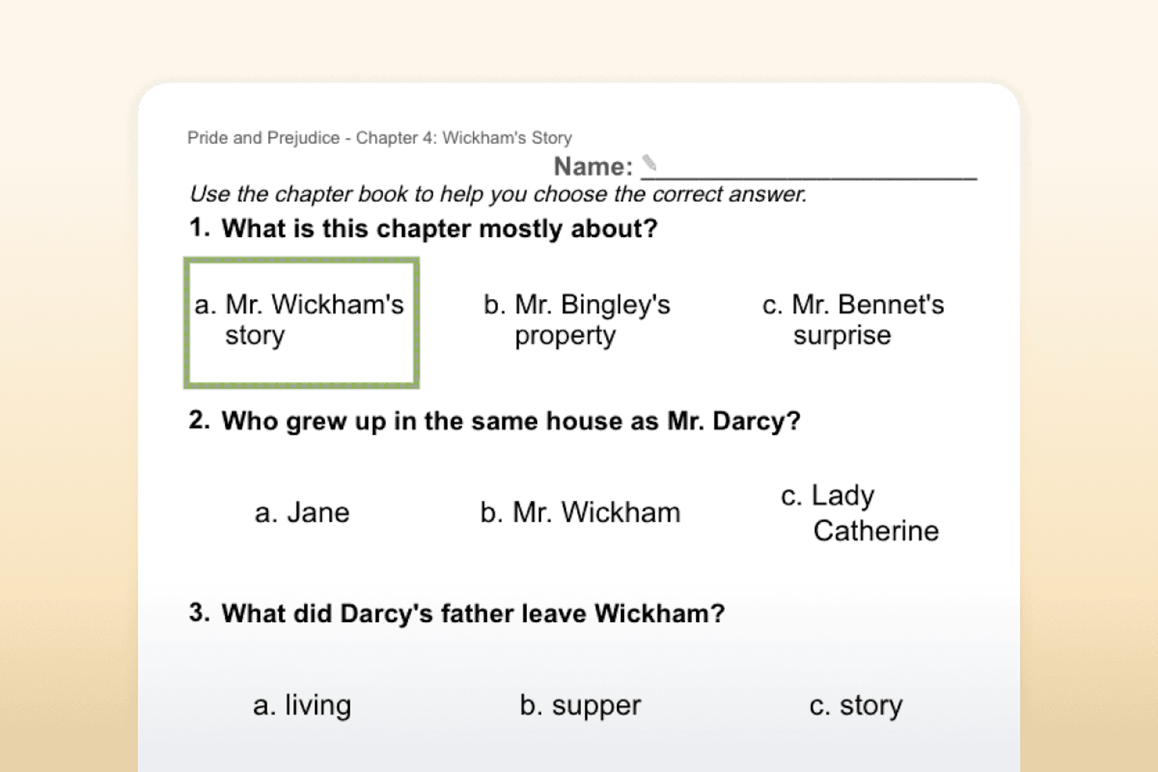 Comprehension questions about "Pride and Prejudice"