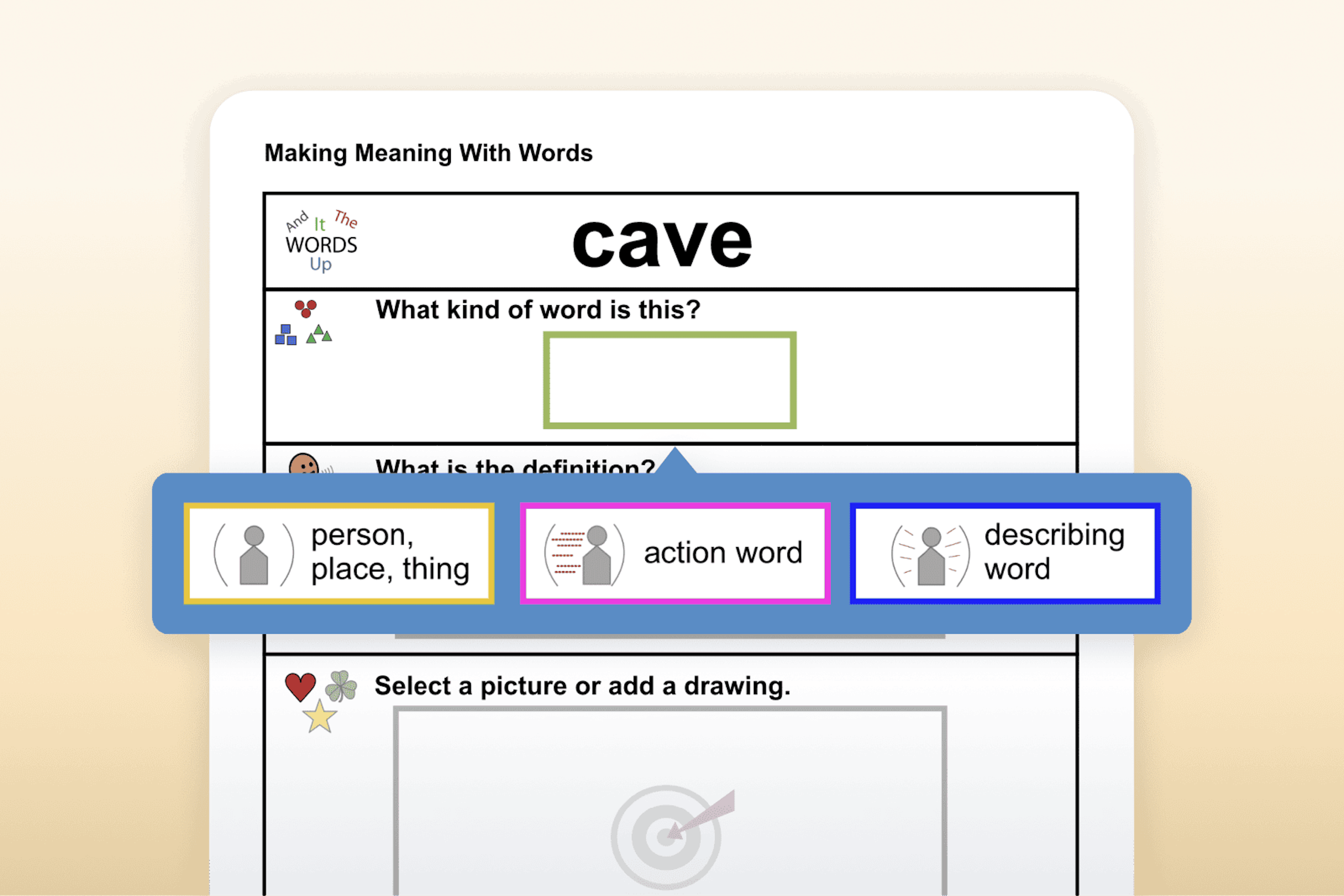 Vocabulary activity teaching the word "cave"