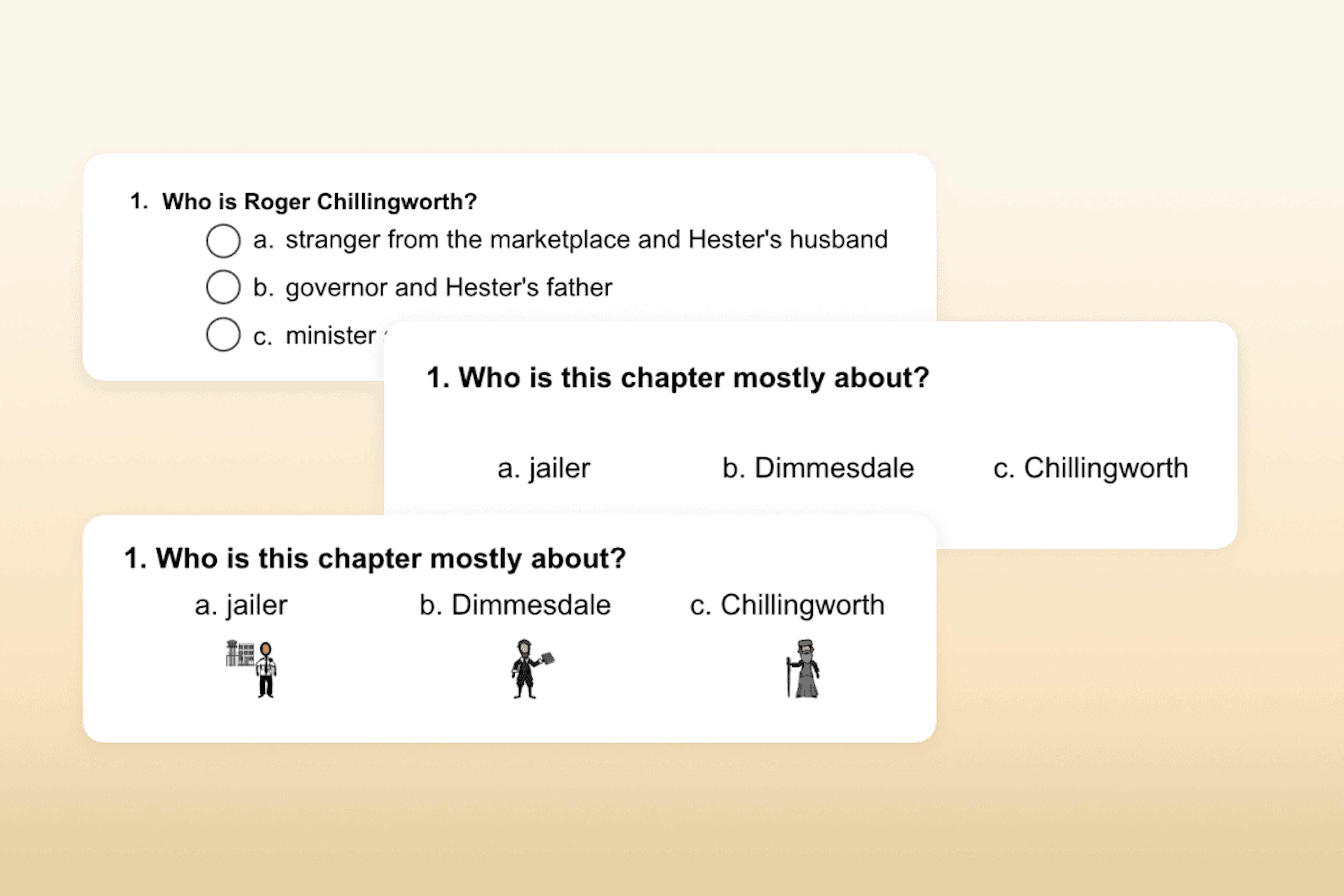 Comprehension questions for "The Scarlet Letter" at four different levels of difficulty