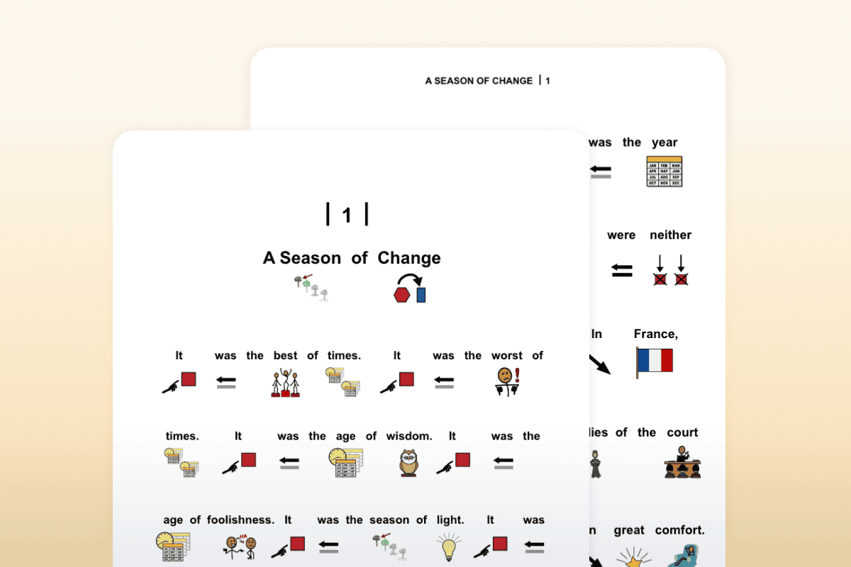 Symbol-supported text for chapter 1 of "A Tale of Two Cities"