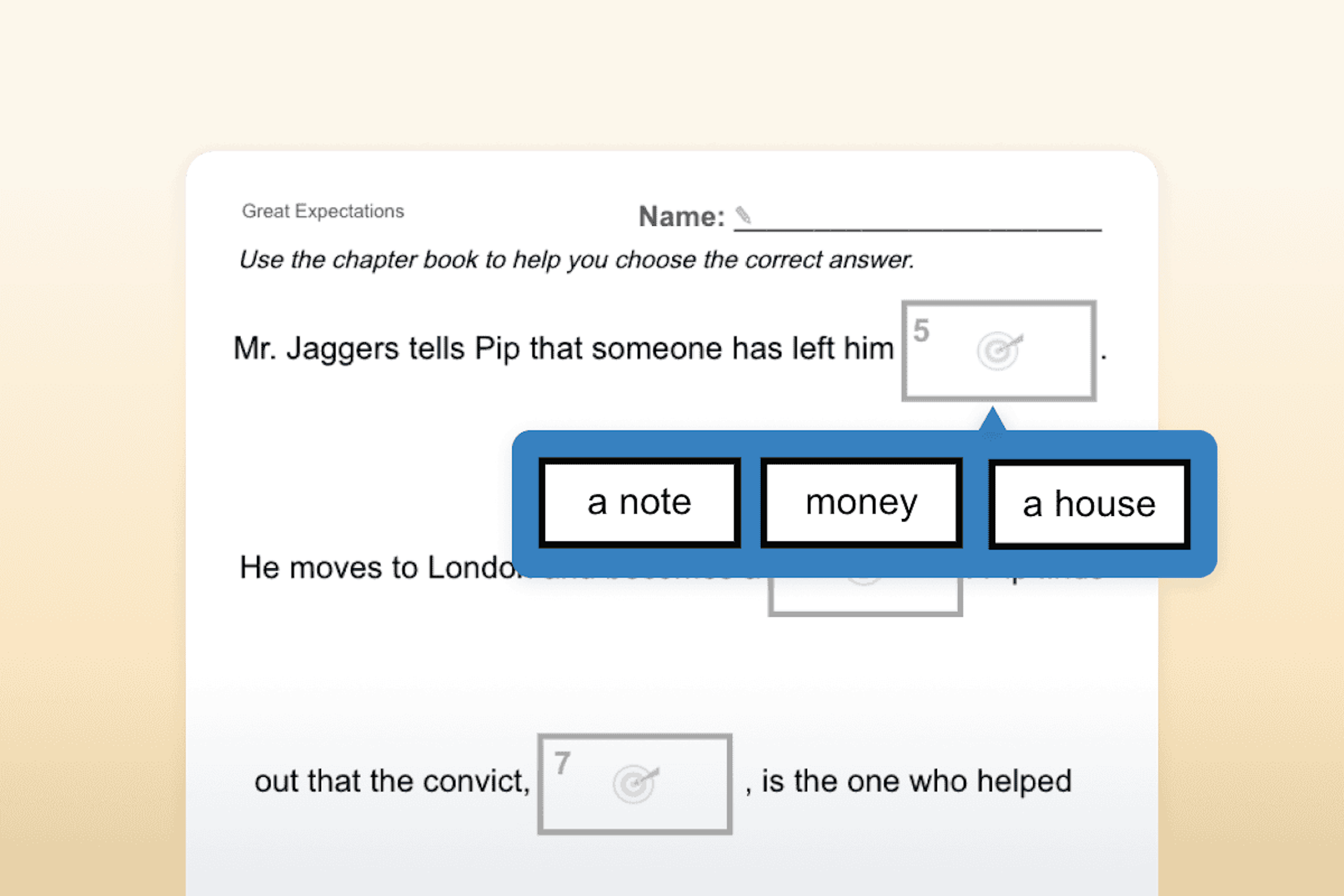 Review question about "Great Expectations" with three multiple choice options