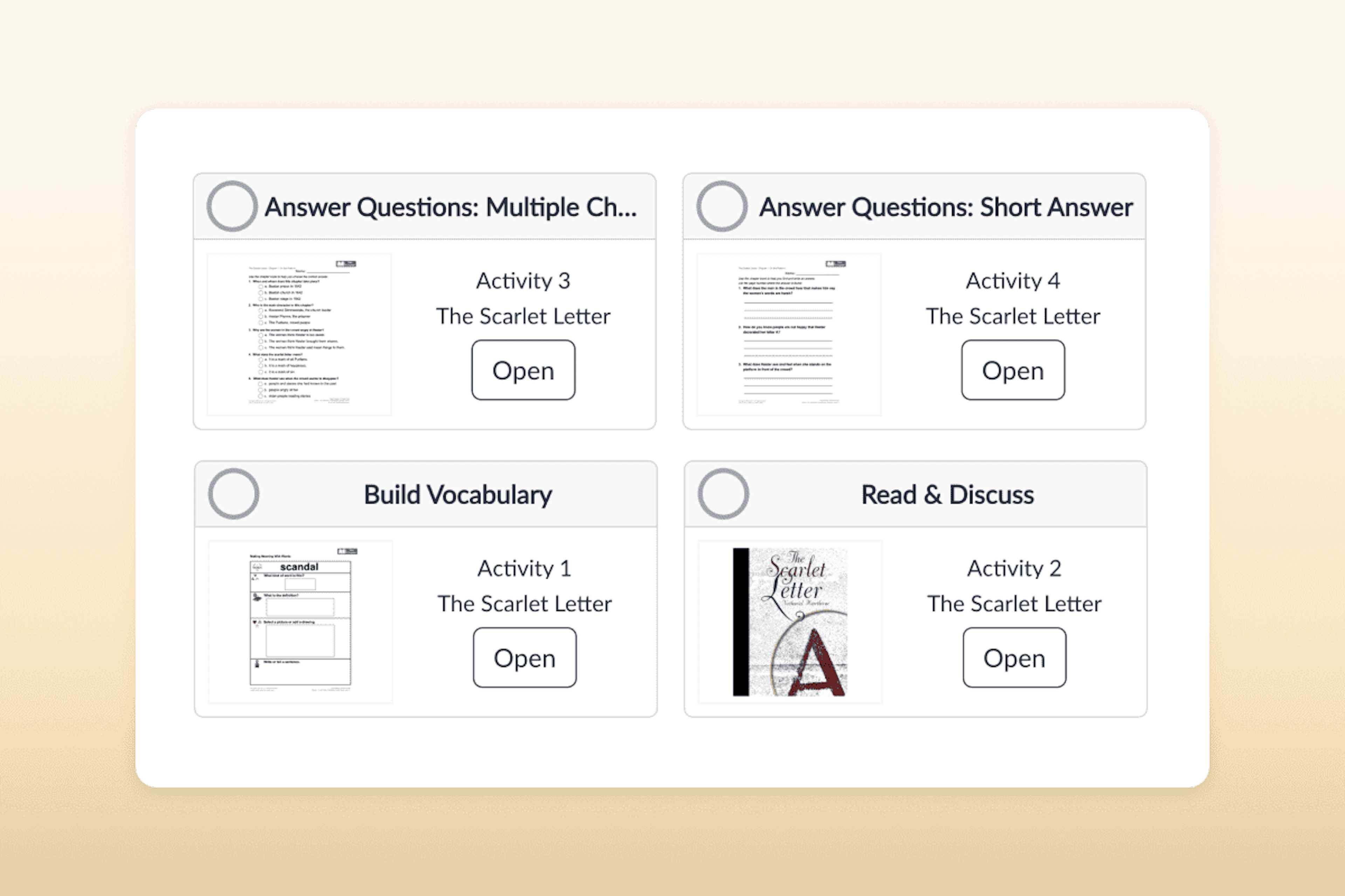 Student dashboard showing four different activities for "The Scarlet Letter"