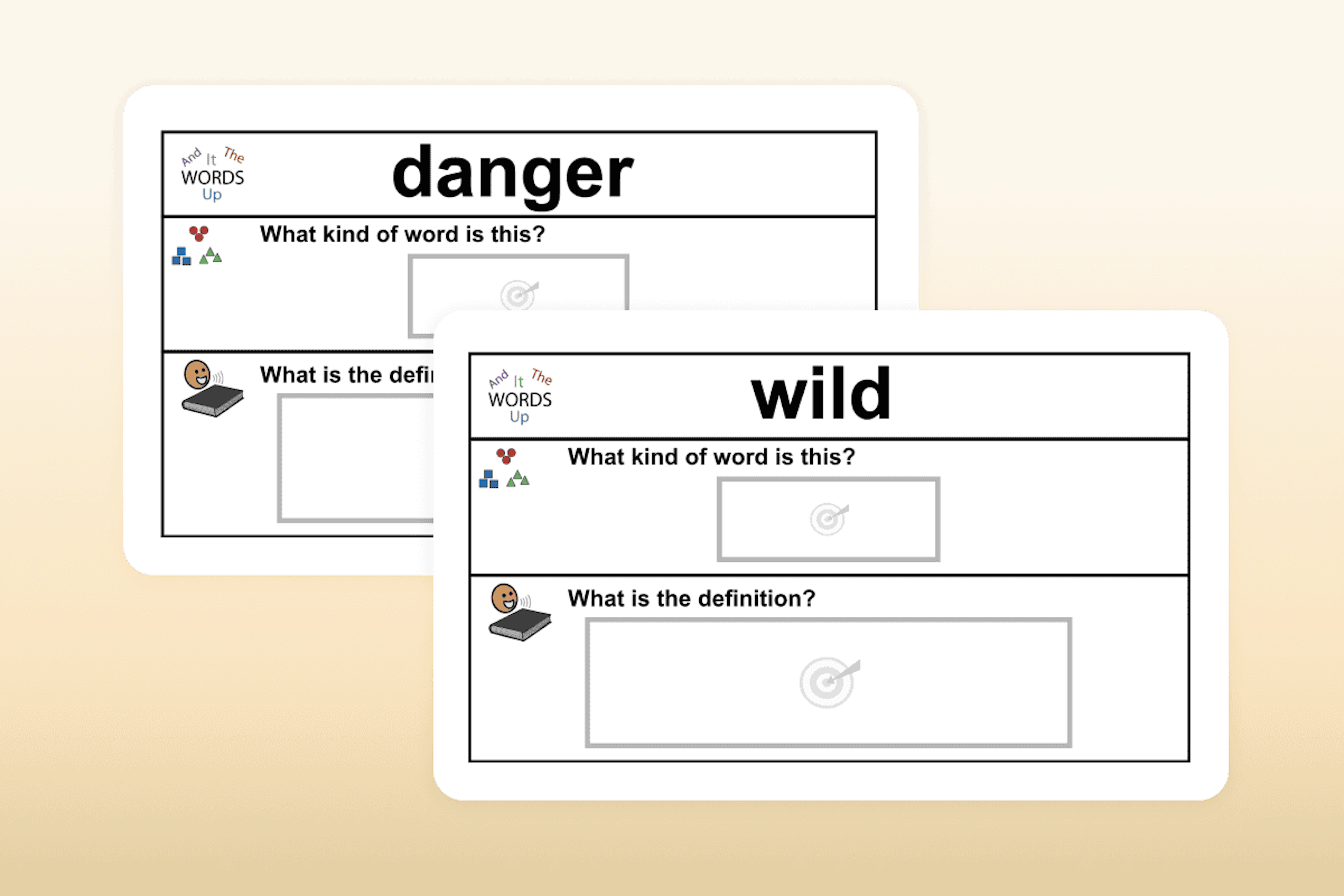 Two vocabulary lessons teaching the words "danger" and "wild"