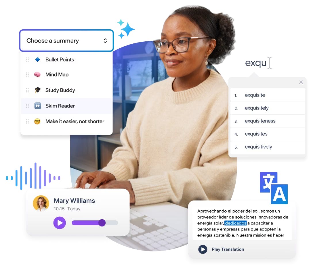 Employee using a laptop surrounded by Everway for Work Read & Write features