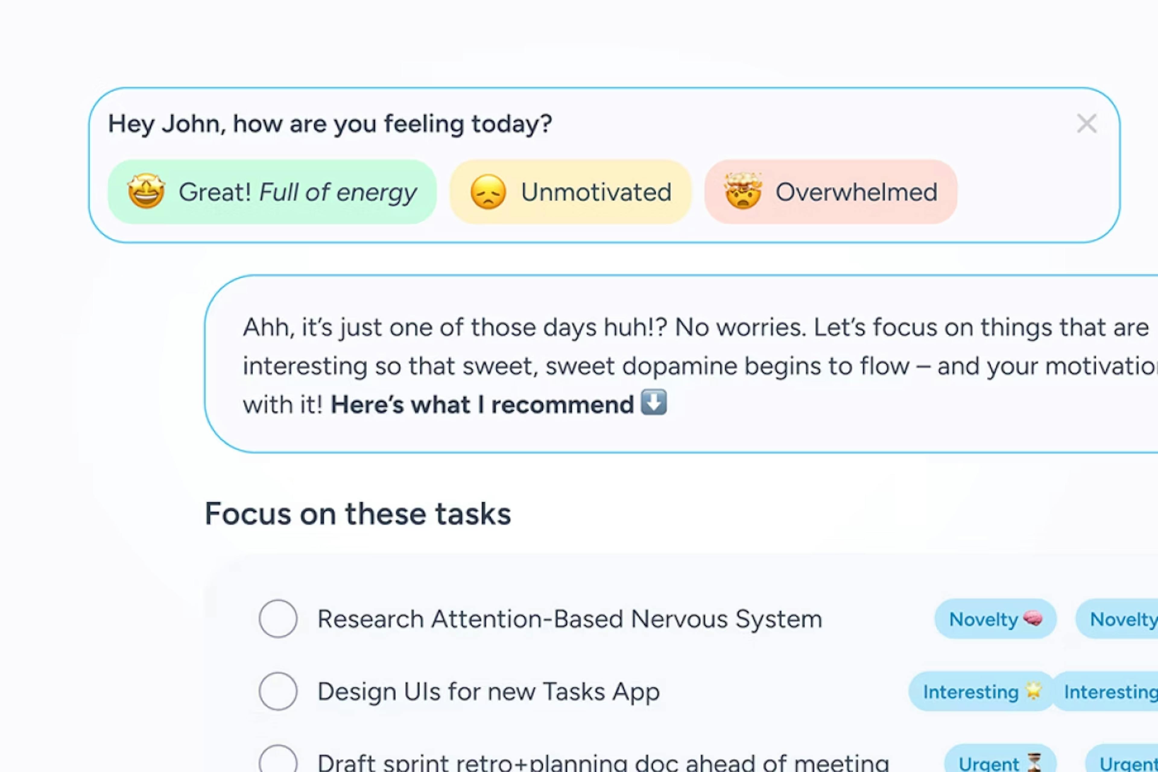 Product UI screenshot of wellbeing check-in feature
