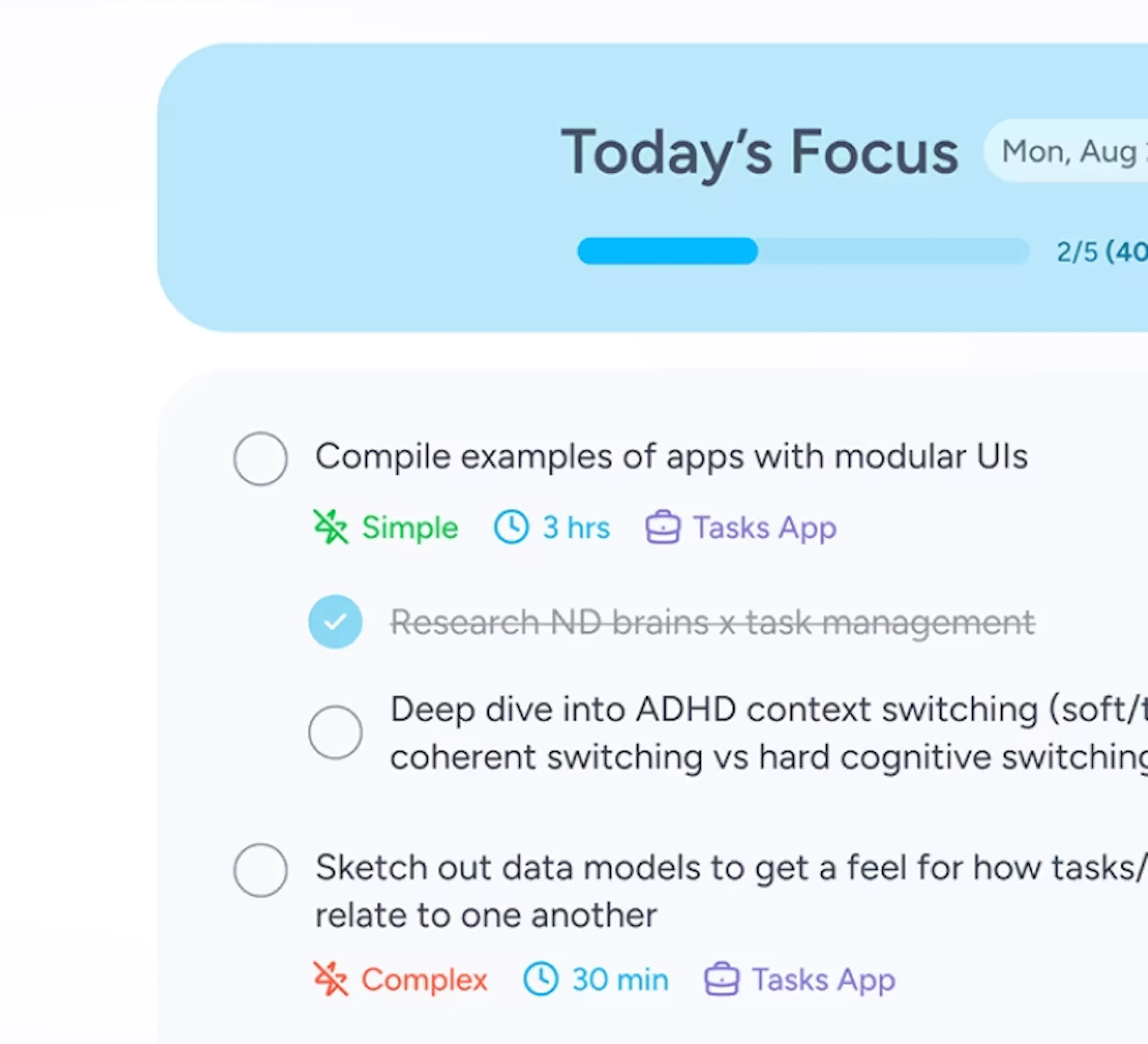 Product UI screenshot of structured tasks lists feature